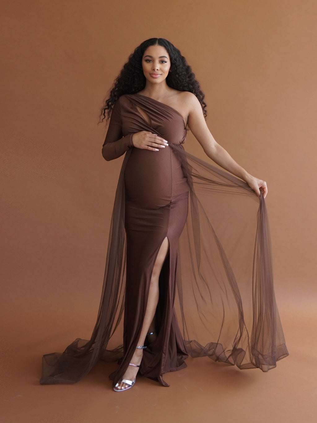 maternity tulle dress Off Shoulder Bishop Sleeves Split Evening Elonnashop perfect for capturing stunning photos to cherish for a lifetime BATHGOWN Pink Maternity Tulle Dress