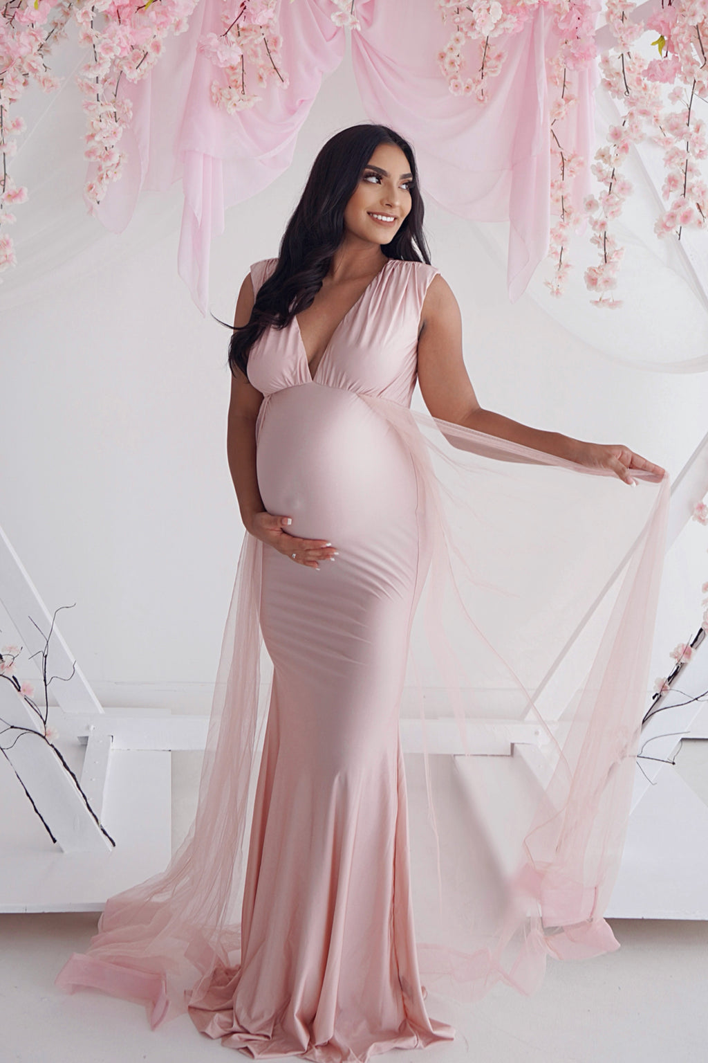 open lace back dress Pinkblush Fuchsia Smocked Ruffle Maternity Dress Large main image 1