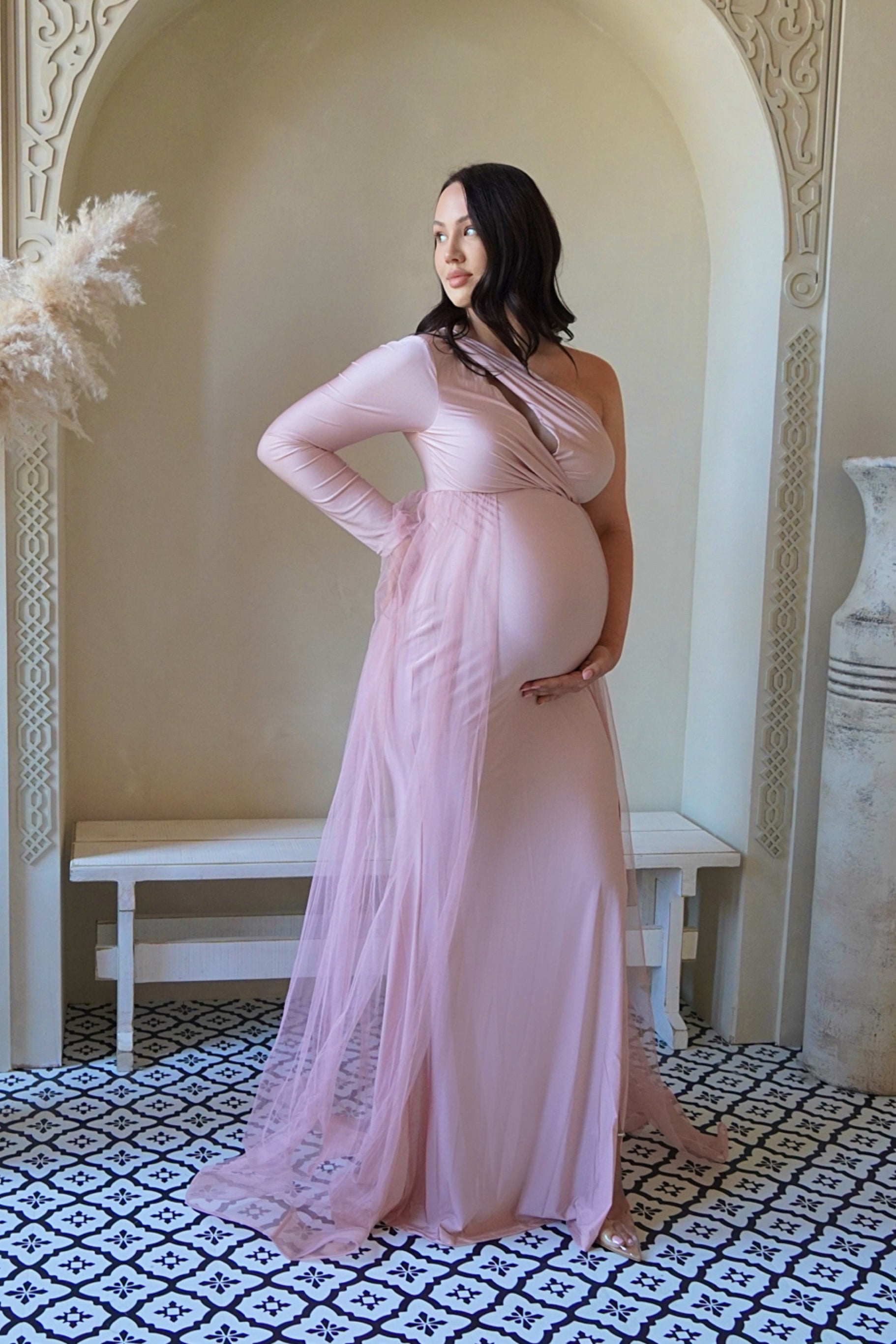 Gold Asymmetric Maternity Gown with tulle Train, Gender Reveal Dress Large / Pink Gold Asymmetric Maternity Gown with tulle Train, Gender Reveal Dress Large / Pink