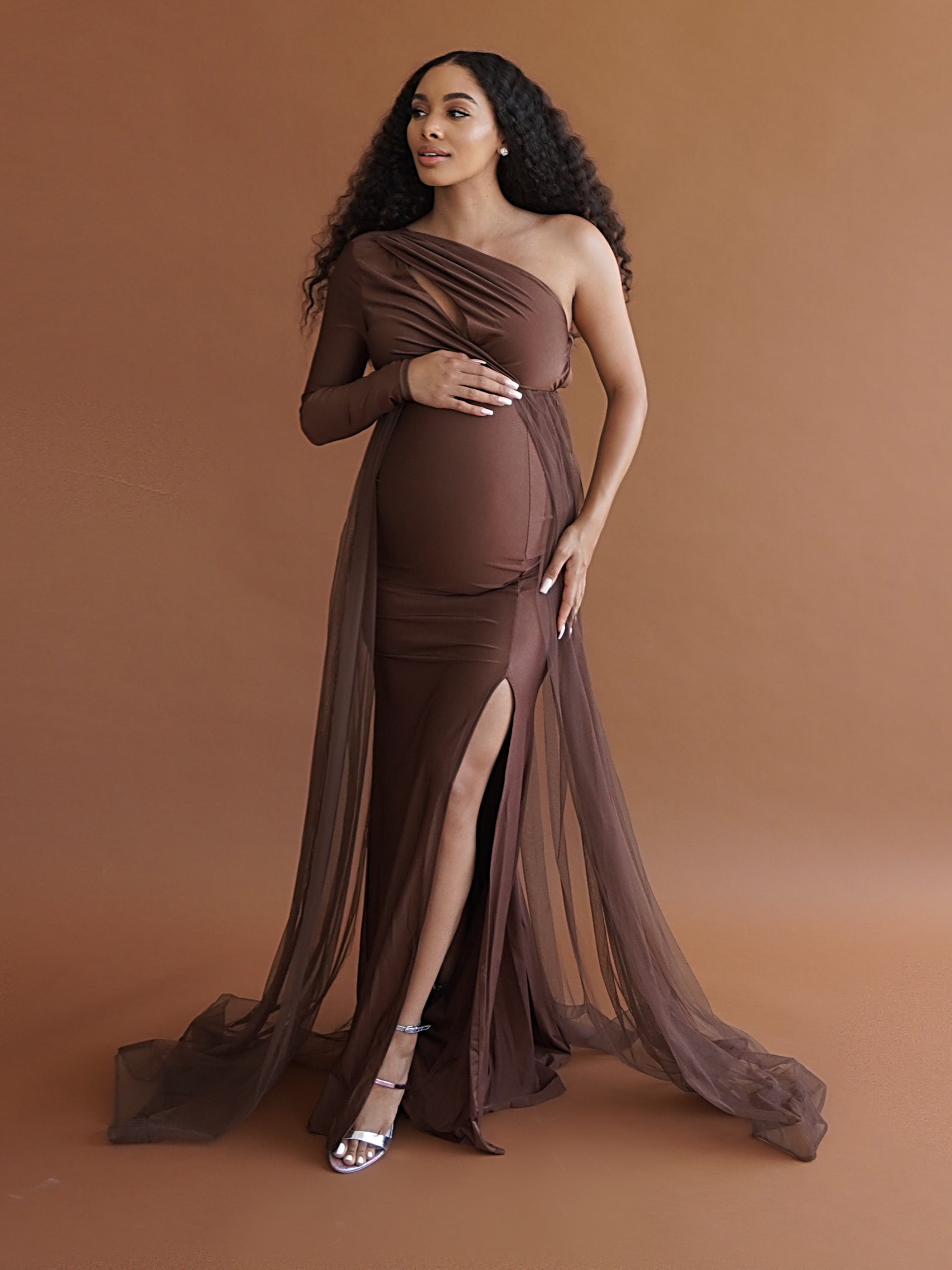 Gold Asymmetric Maternity Gown with tulle Train, Gender Reveal Dress Medium / Cocoa Gold Asymmetric Maternity Gown with tulle Train, Gender Reveal Dress Medium / Cocoa