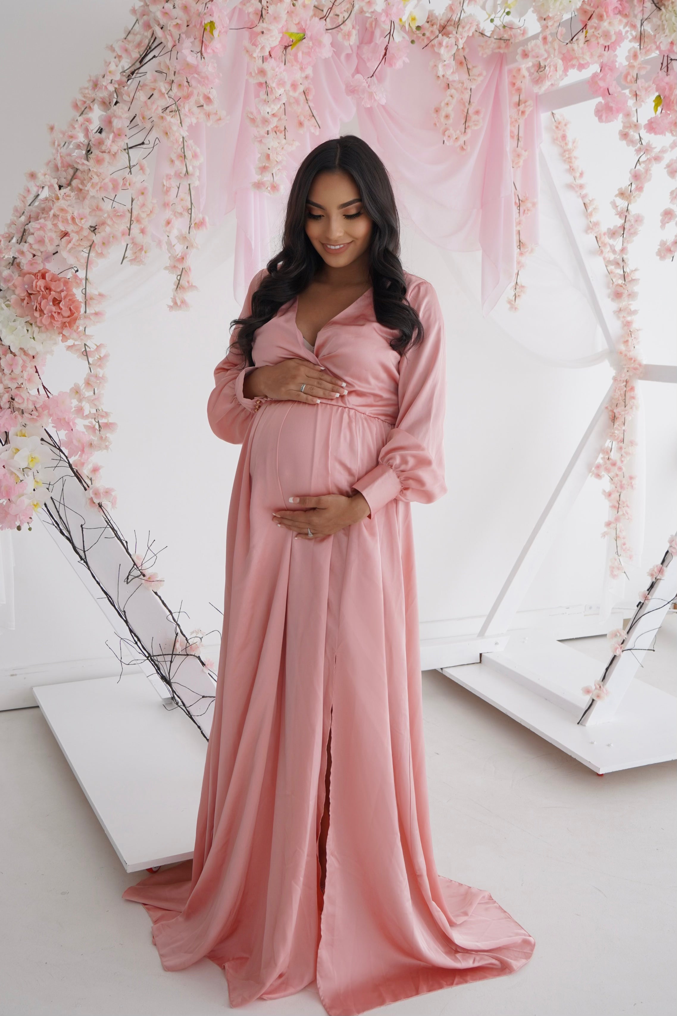 Pink silk maternity dress best sale