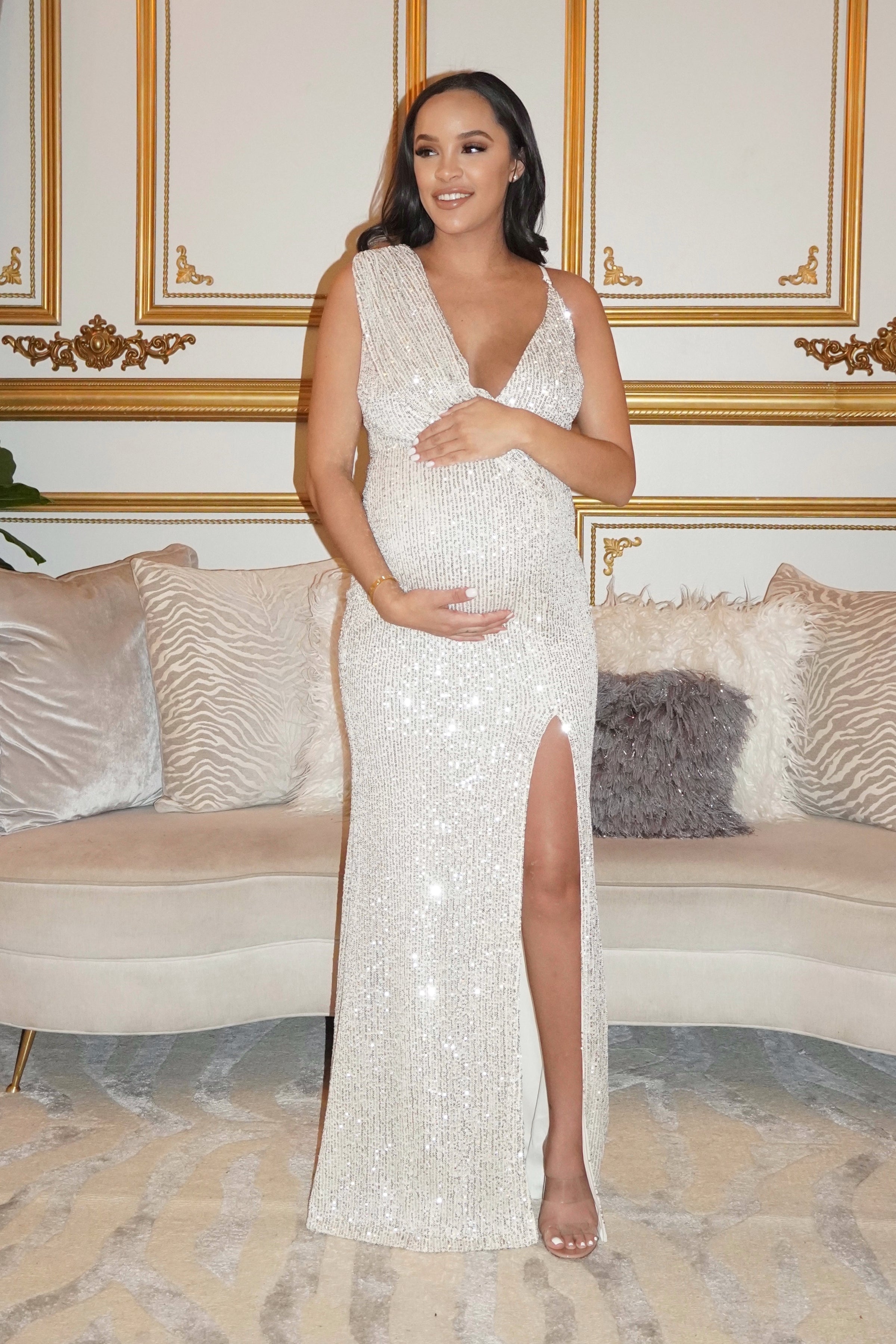 White Sequin One Arm Maternity Maxi Dress, for A Baby Shower Small / Cream White Sequin One Arm Maternity Maxi Dress, for A Baby Shower Small / Cream