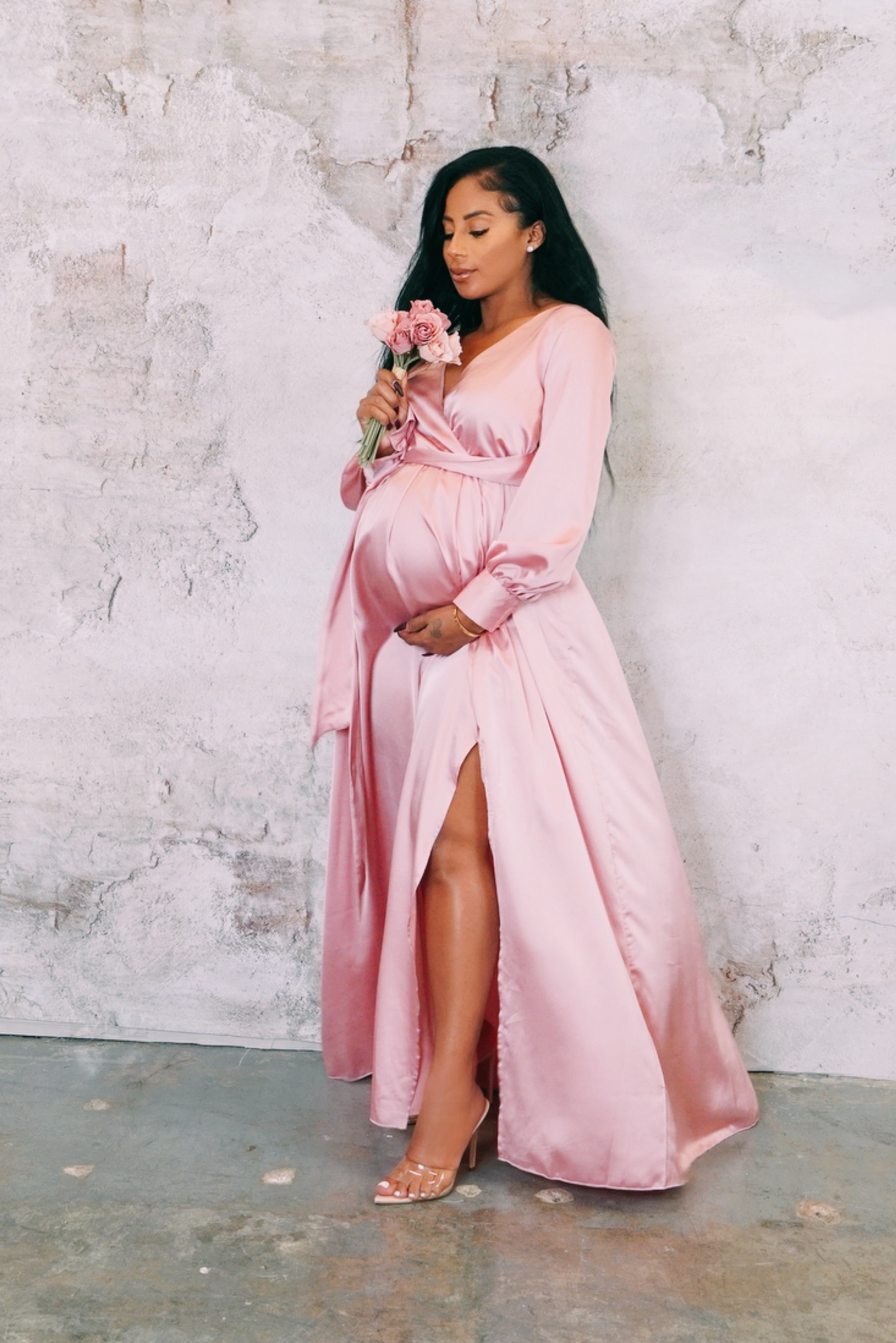Champagne Luxury Maternity Wrap Gown, Pregnant Guest, Baby Shower Dress XL / Bronze Champagne Luxury Maternity Wrap Gown, Pregnant Guest, Baby Shower Dress XL / Bronze
