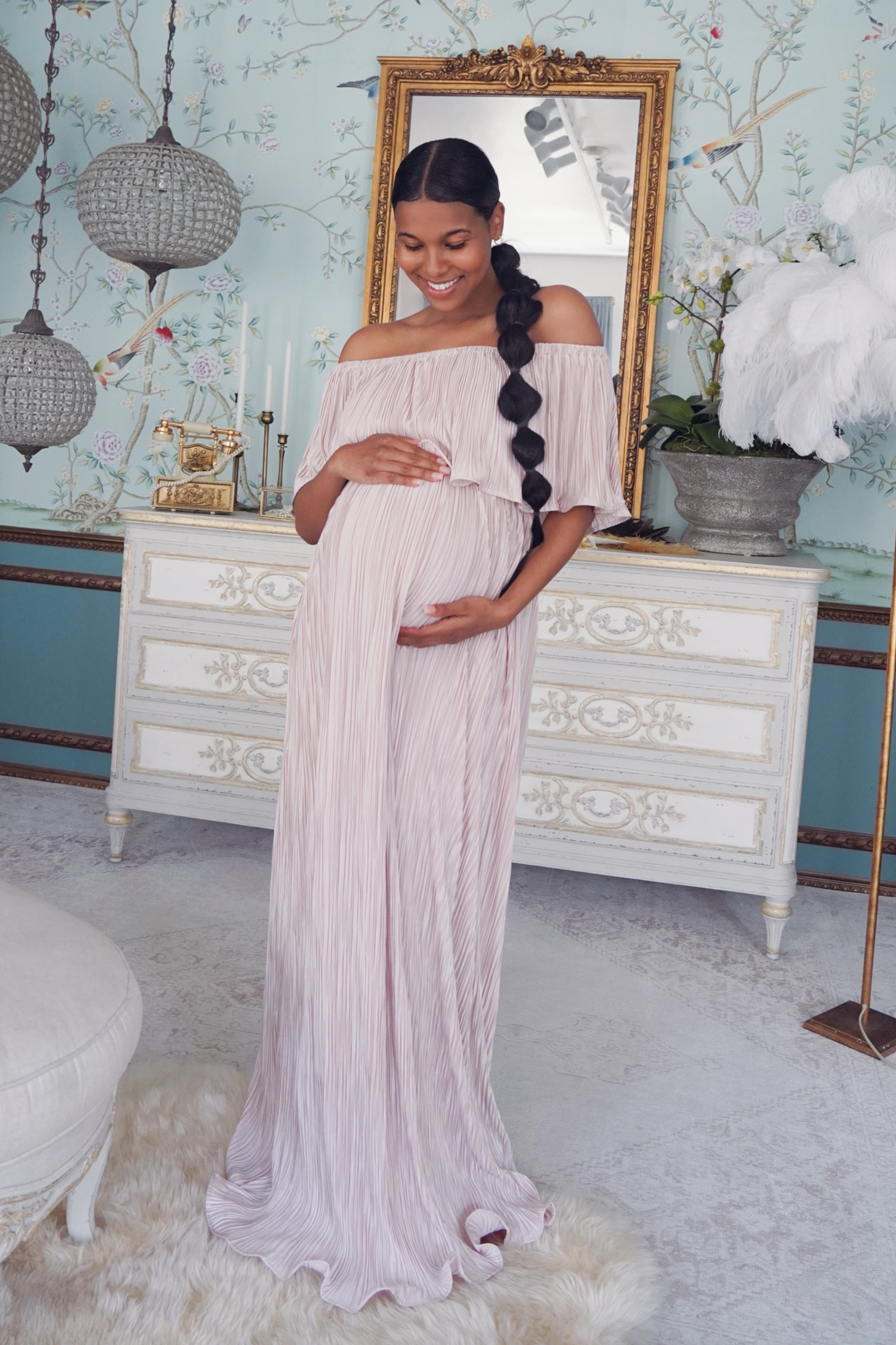 Pink and gold maternity dress for baby clearance shower