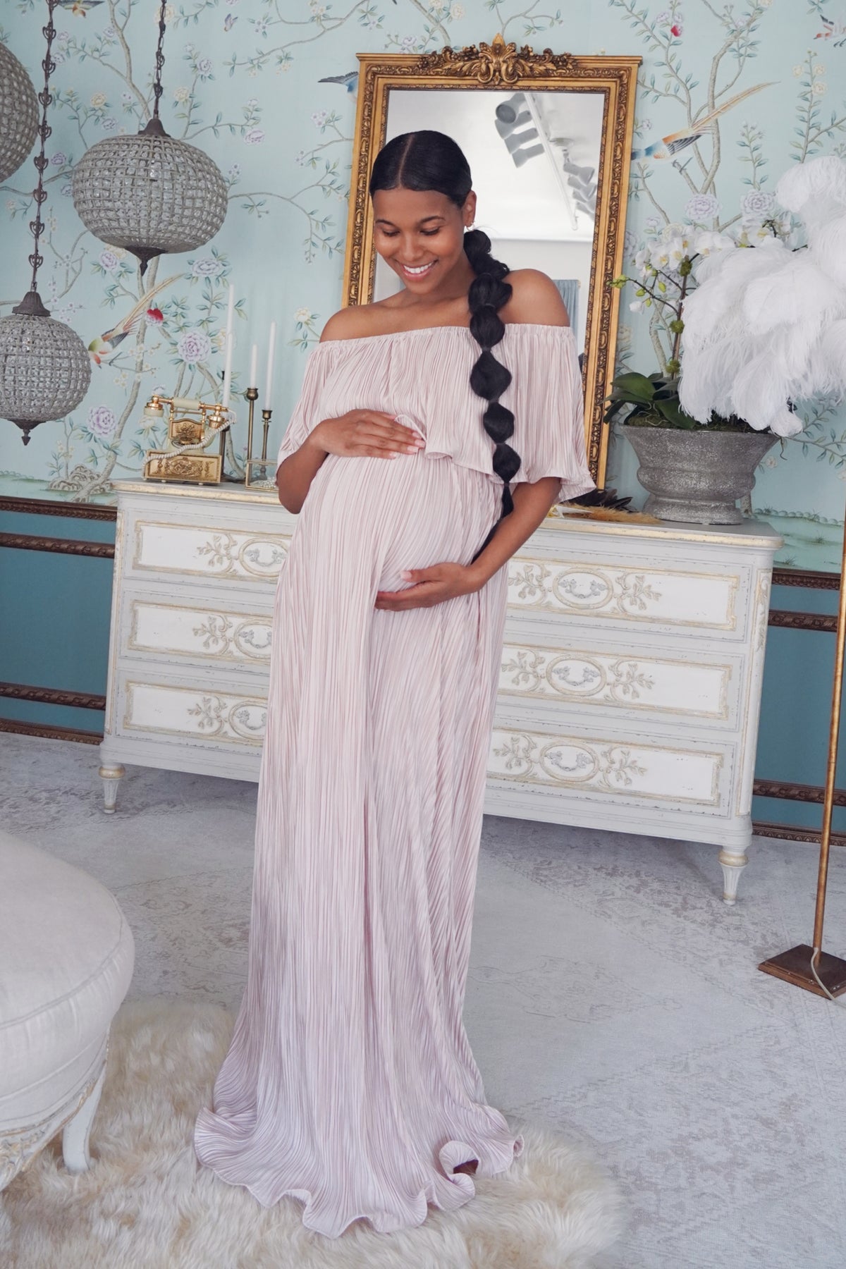G210 (7), Light Pink Floral Maternity Shoot Baby Shower Trail Gown, Si –  Style Icon www.