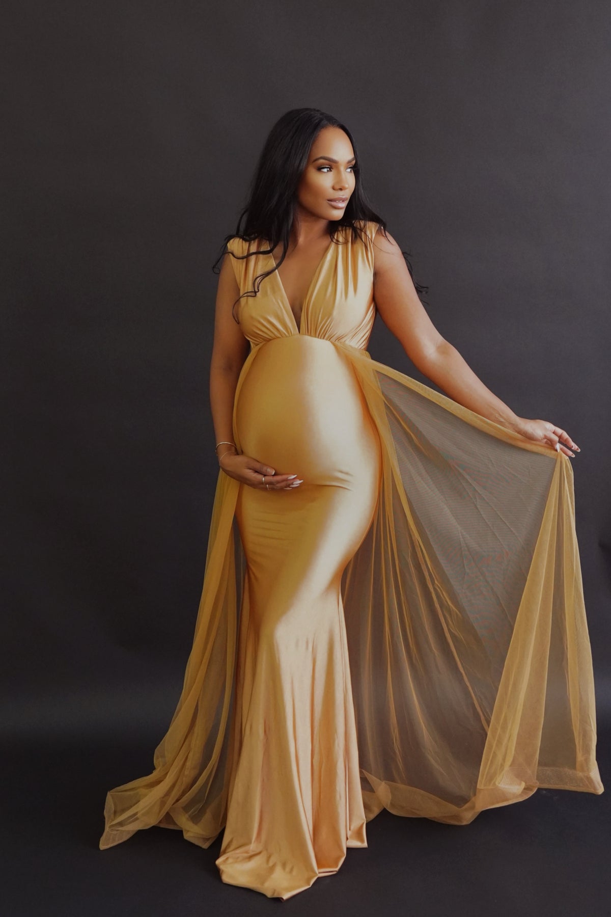 Oscar Bronze Satin Maternity Gown for Photo Shoot and Baby Showers