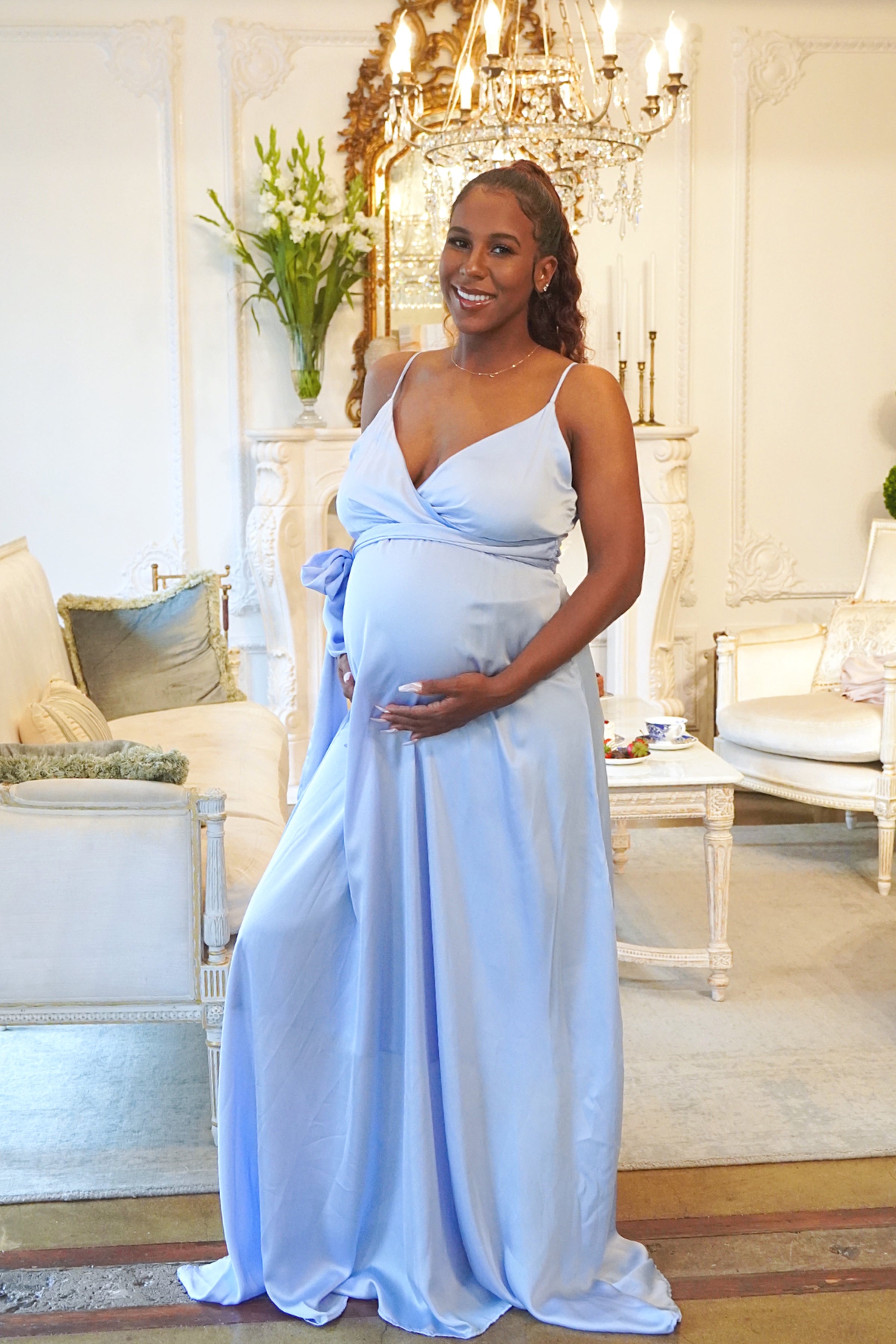 Light Blue Sleeveless Maternity Wrap Gown, Baby Shower, Gender