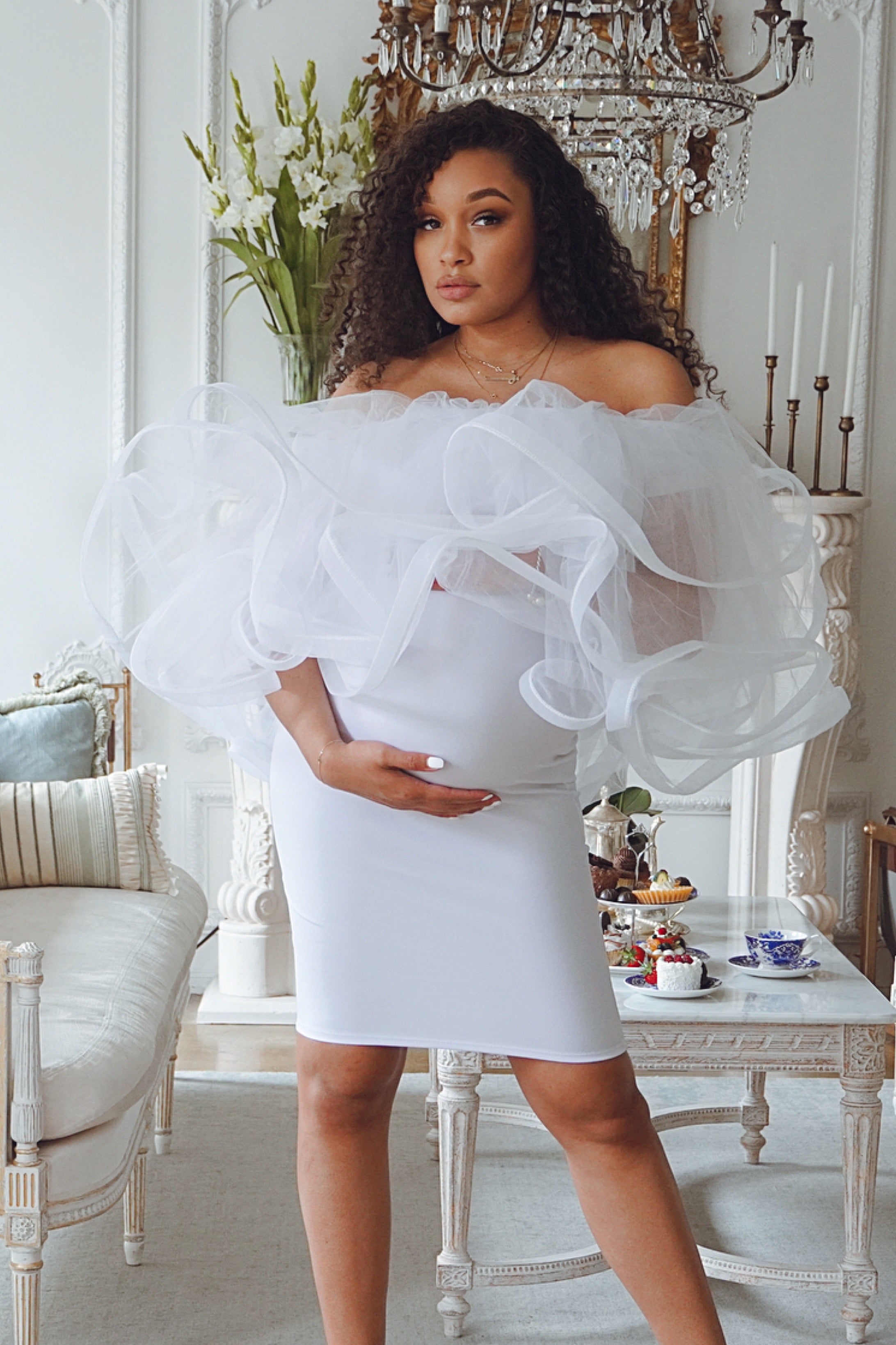 White Tulle Off The-Shoulder-Maternity Mini Dress, Gender Reveal