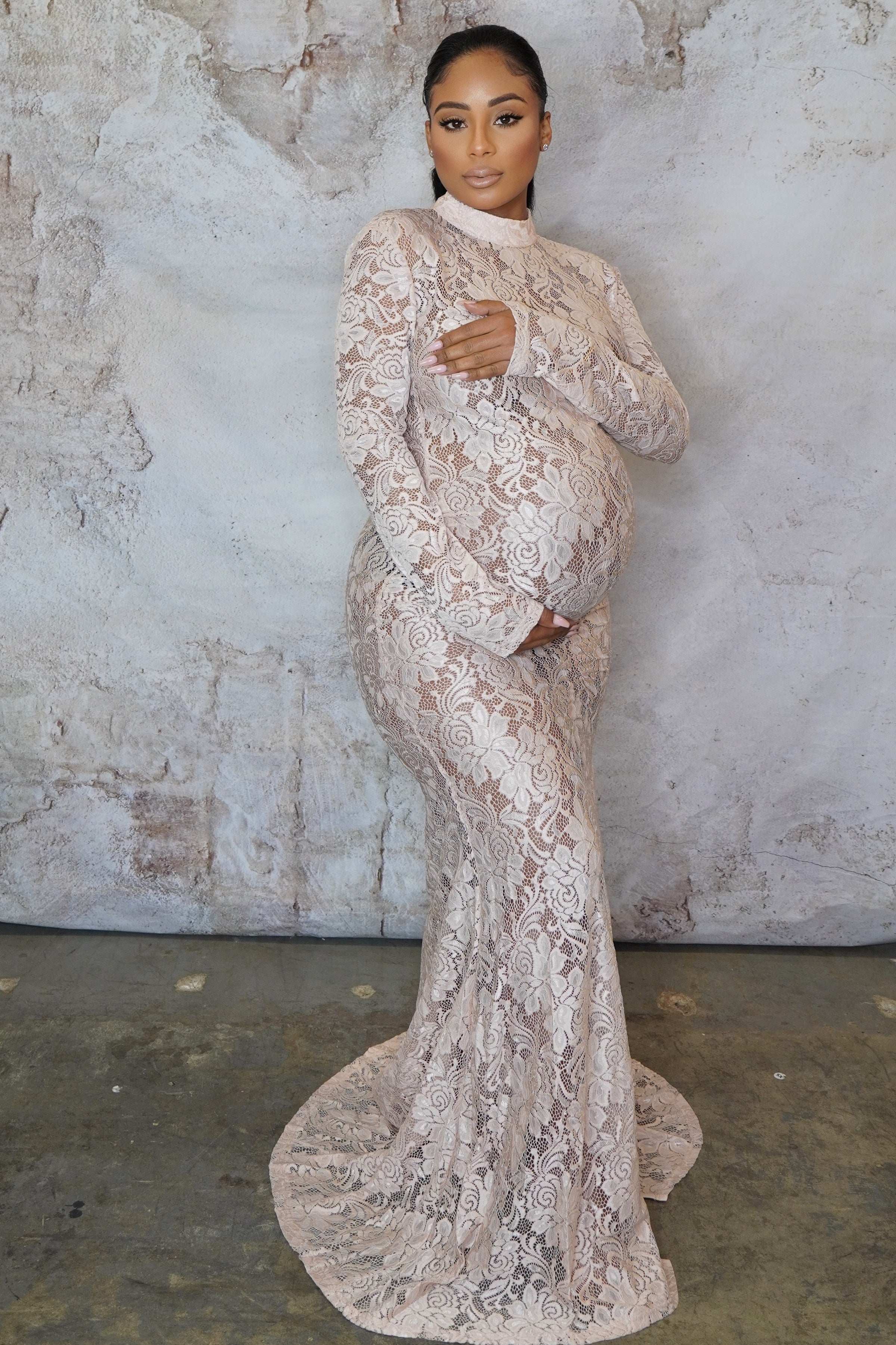 Nude, Skin Tone, Sheer Maternity Lace Gown, For Pregnancy Photos – Chic  Bump Club