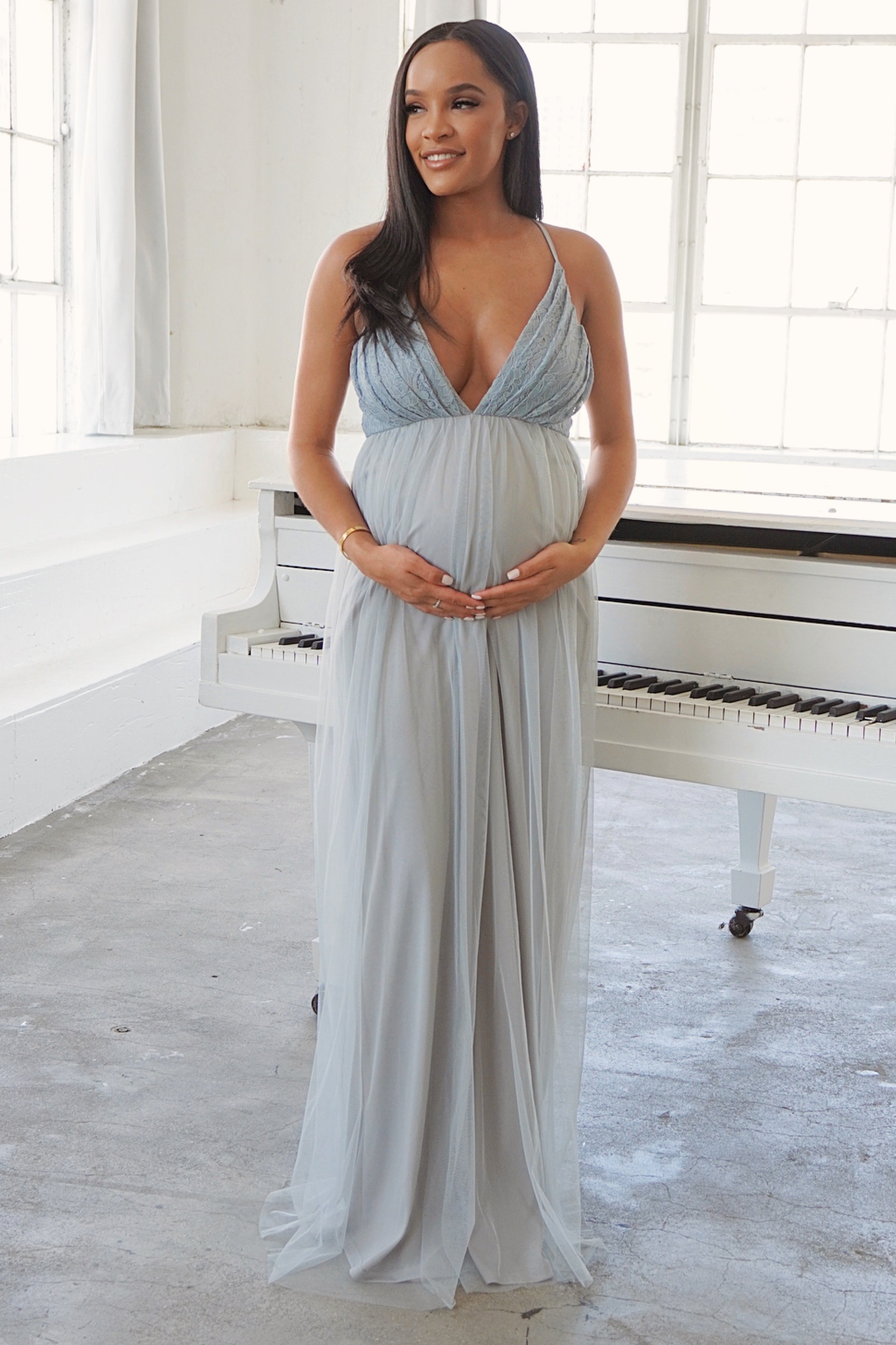 Blue Spaghetti Strap Baby Shower Gown, Maternity Lace Dress, Tulle