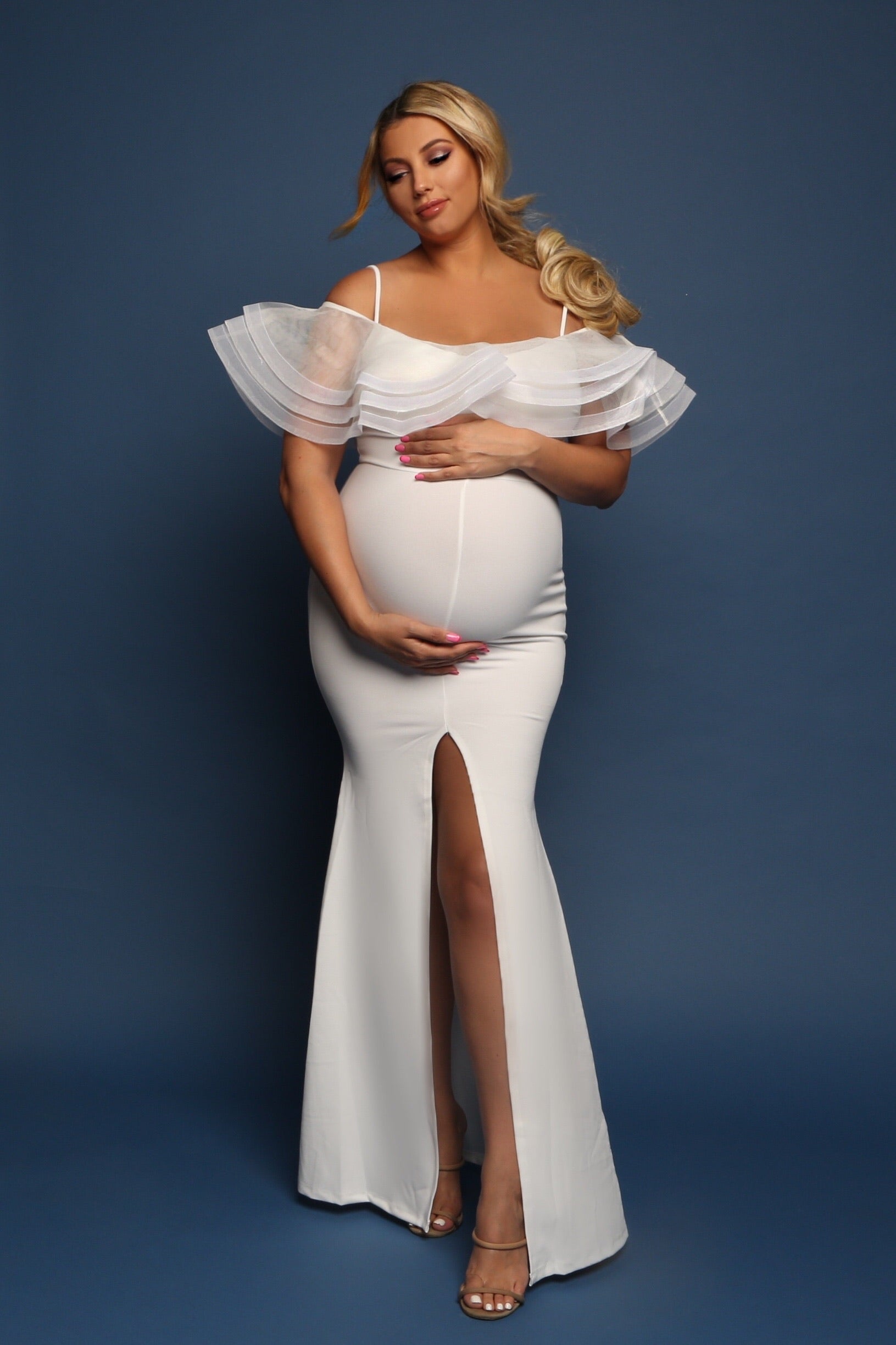 White Maternity Bardot gown with split