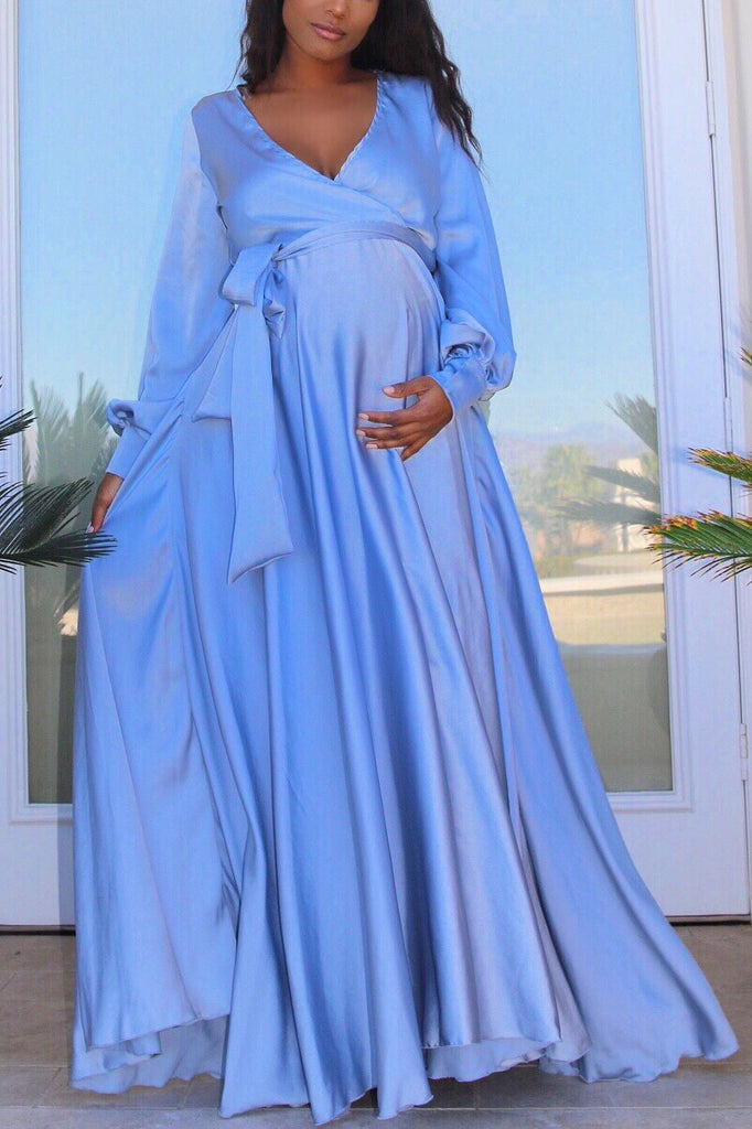 Luxury Blue Maternity Wrap Gown, Baby shower dress Chic Bump Club