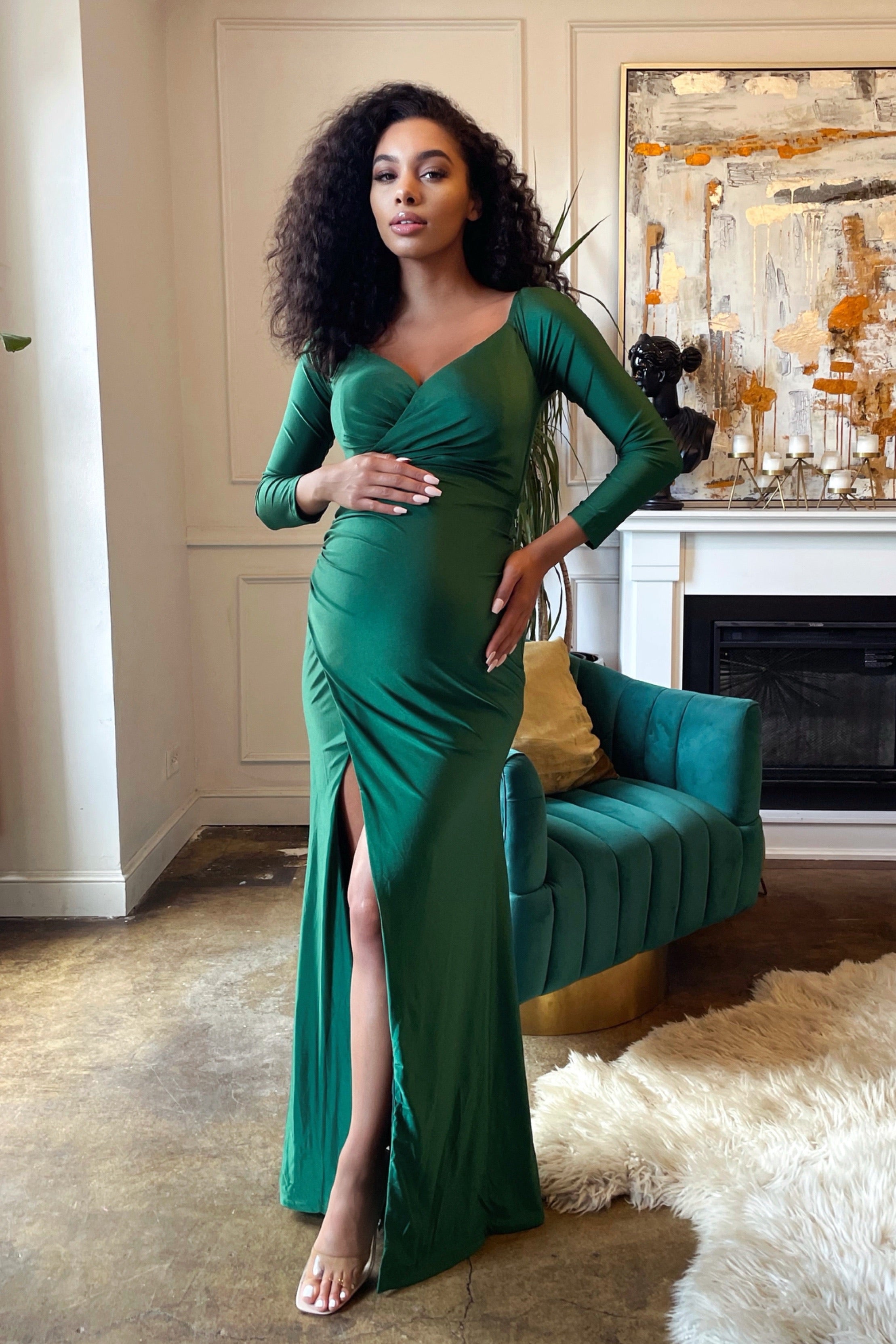 Green Bardot Maternity Dress, Off the Shoulder, Baby Shower
