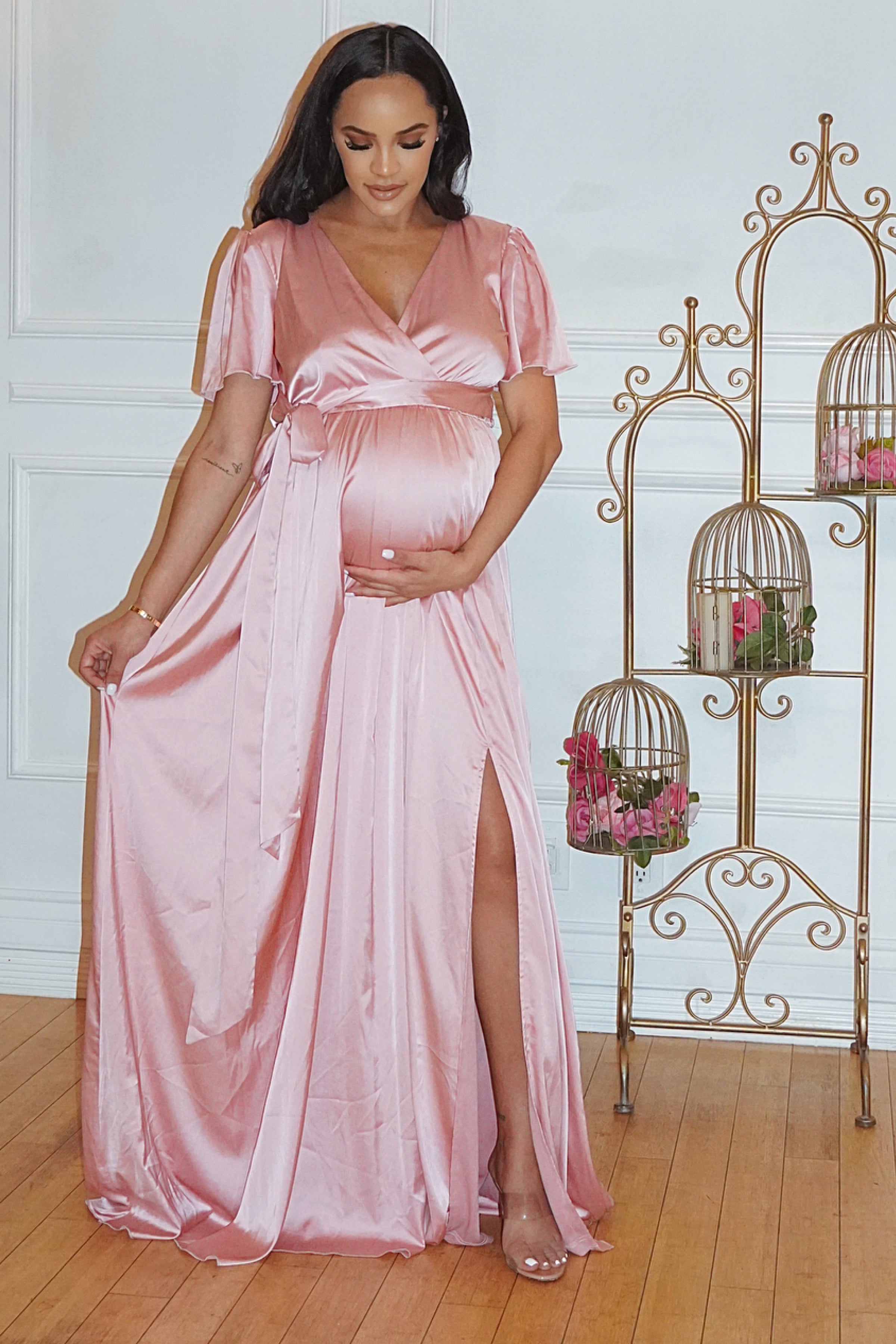 Pink Satin Short Sleeve Maternity Wrap Gown for a baby Shower