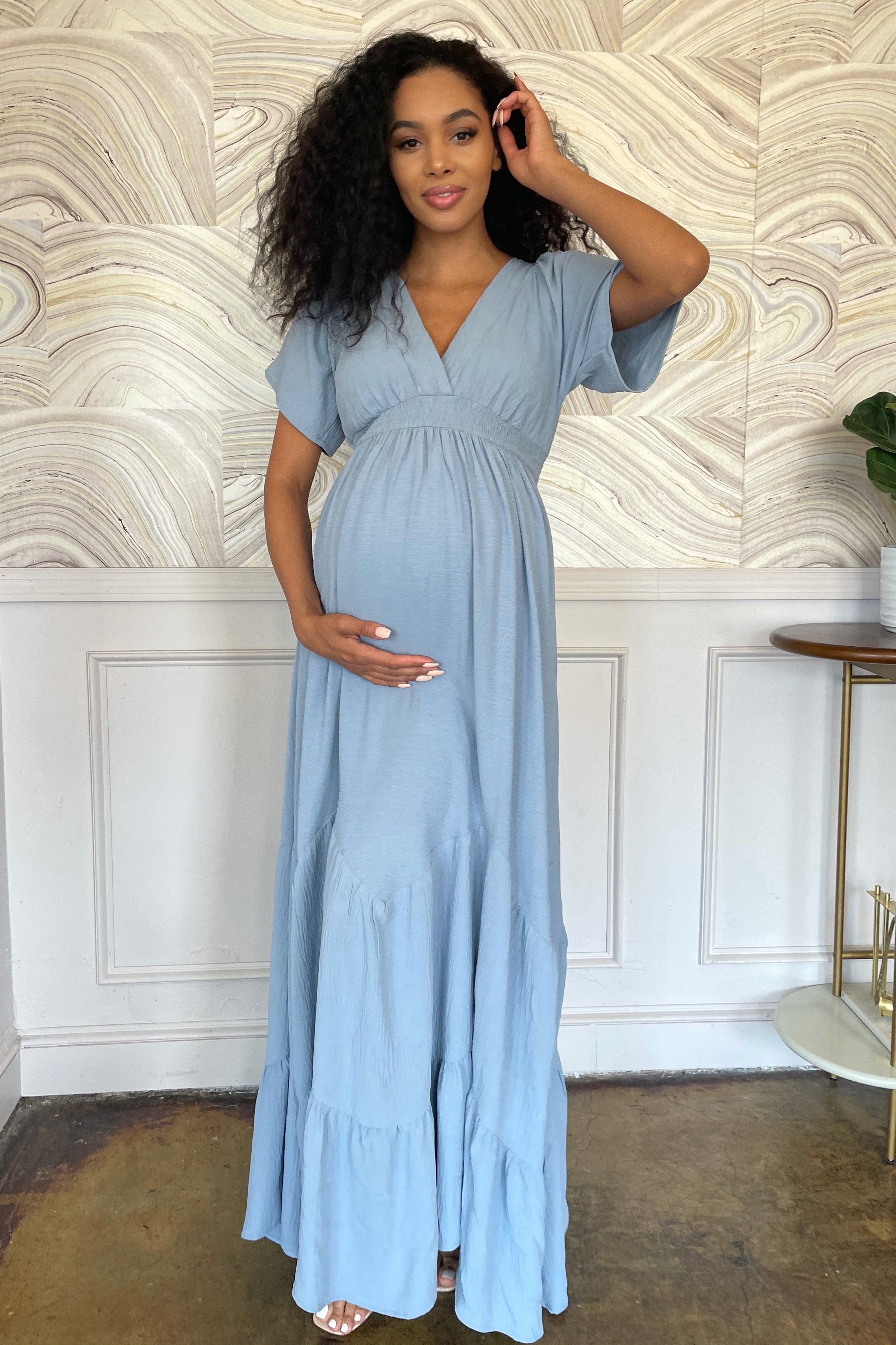 White Bohemian Maternity Maxi Dress Gender Reveal Gown Chic Bump Club