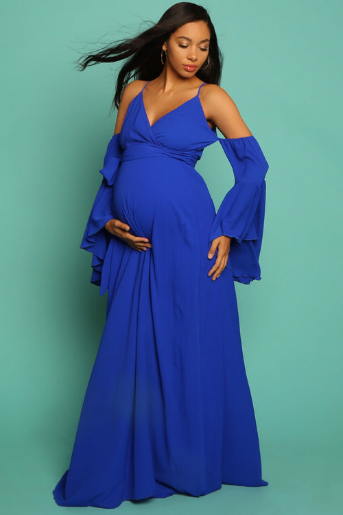 Metallic Blue Baby Shower Gown with drape Neckline, Pregnant Guest Outfit –  Chic Bump Club