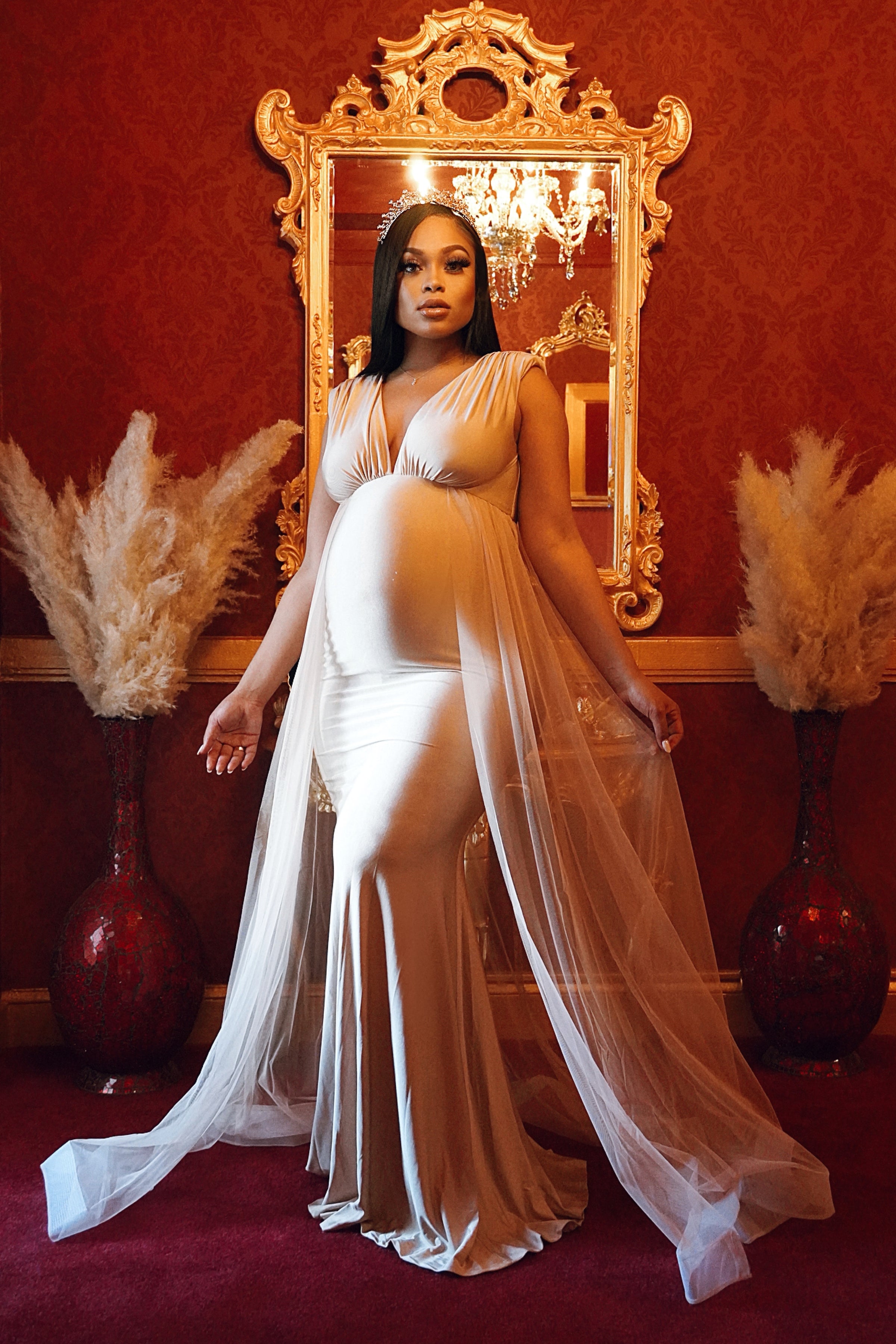 Silver Luxury Tulle Maternity Gown, Pregnant Guest, Baby Shower, Gender Reveal Large / Silver Silver Luxury Tulle Maternity Gown, Pregnant Guest, Baby Shower, Gender Reveal Large / Silver