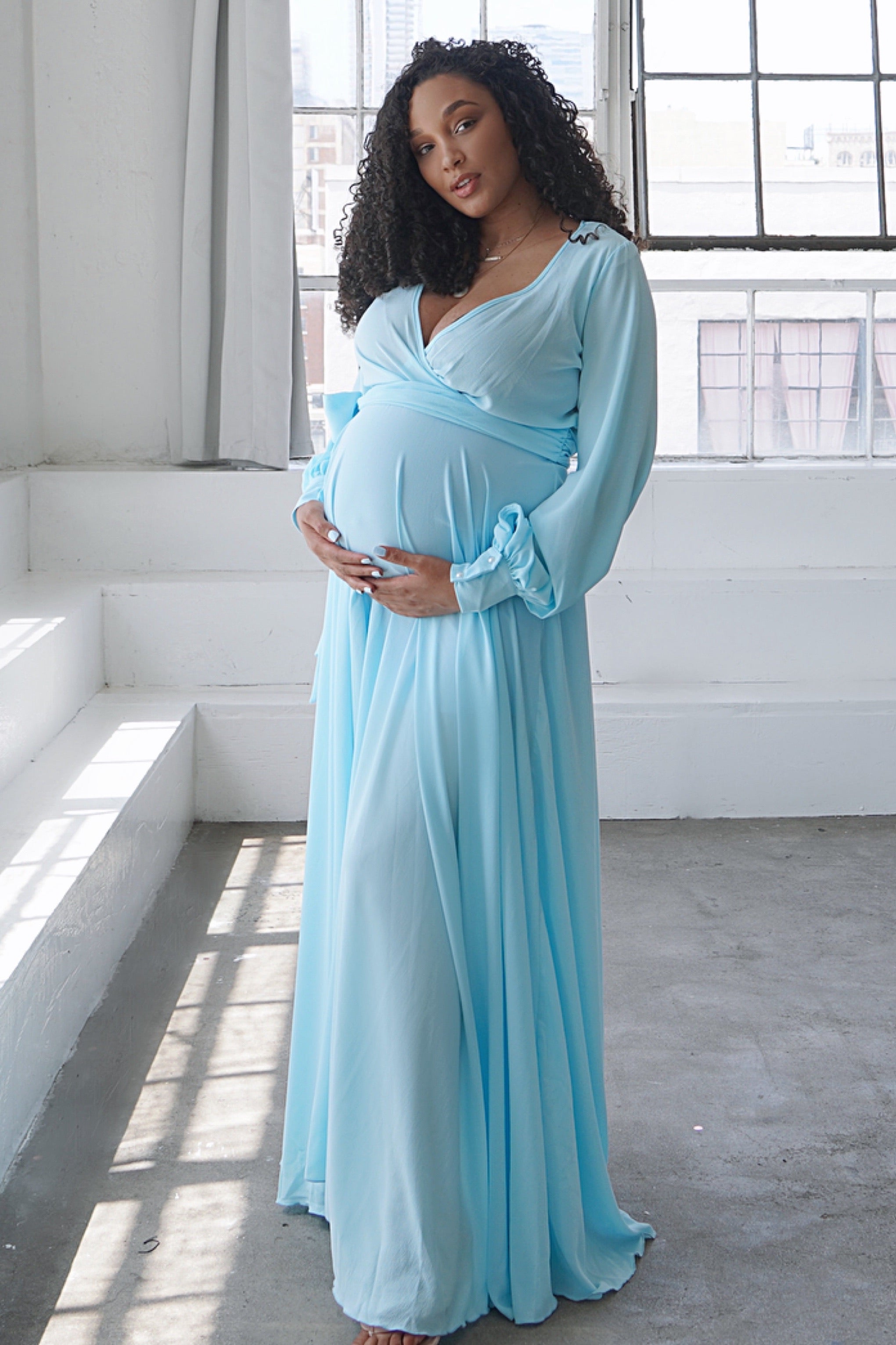 Sky Blue Maternity Wrap Dress, Baby Boy Shower Gown, Pregnant Guest – Chic  Bump Club