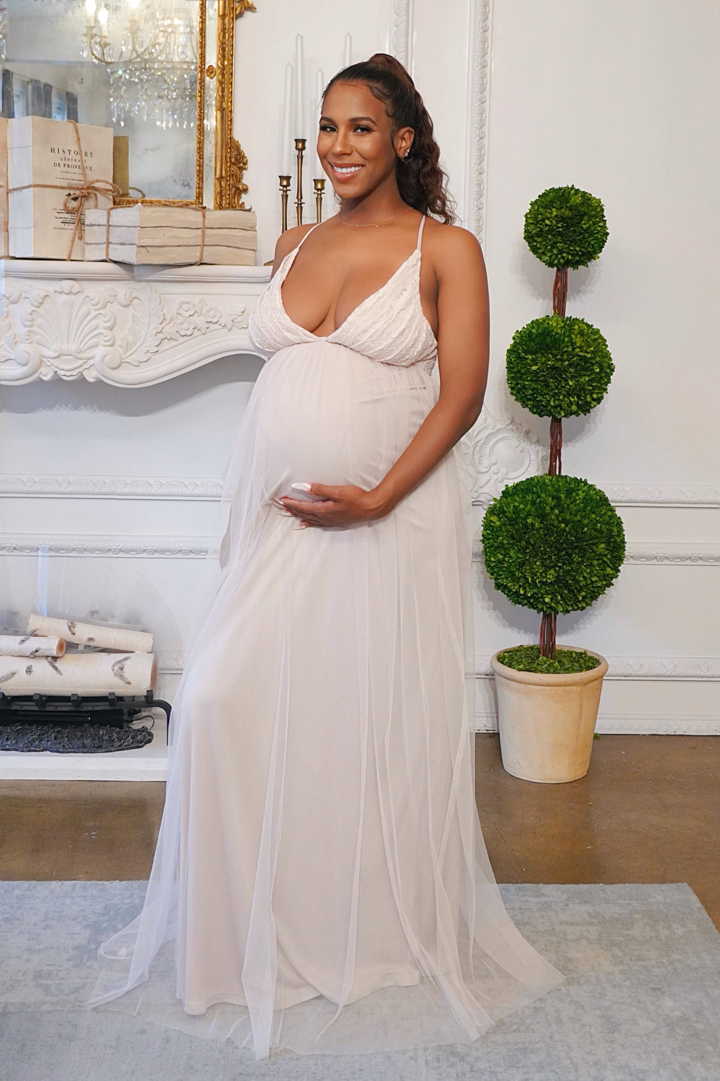 Beige Spaghetti Strap Maternity Gown, Lace Dress with Tulle Skirt – Chic  Bump Club