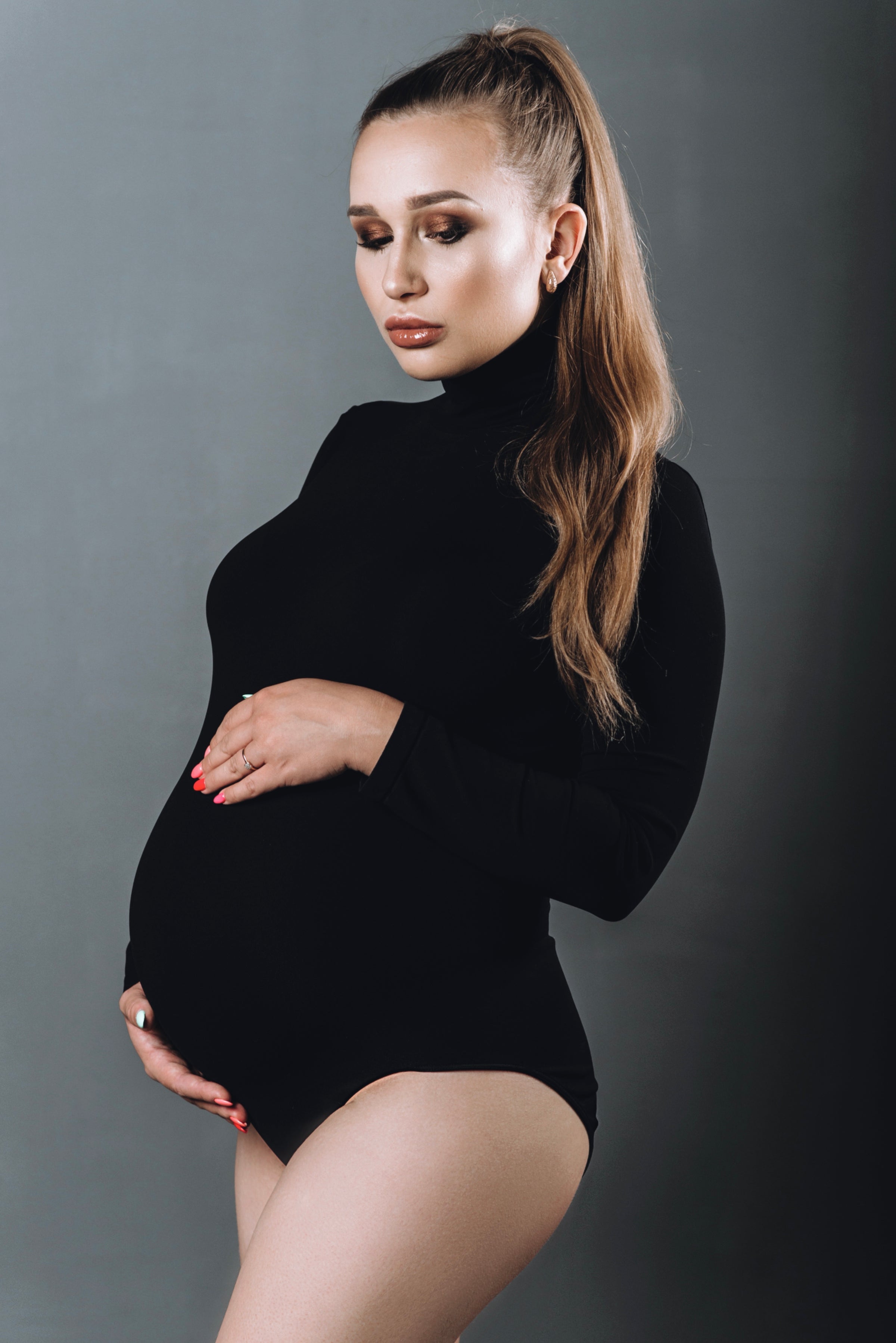 Maternity Super-Stretch, High-Neck Bodysuit for Pregnancy Photos