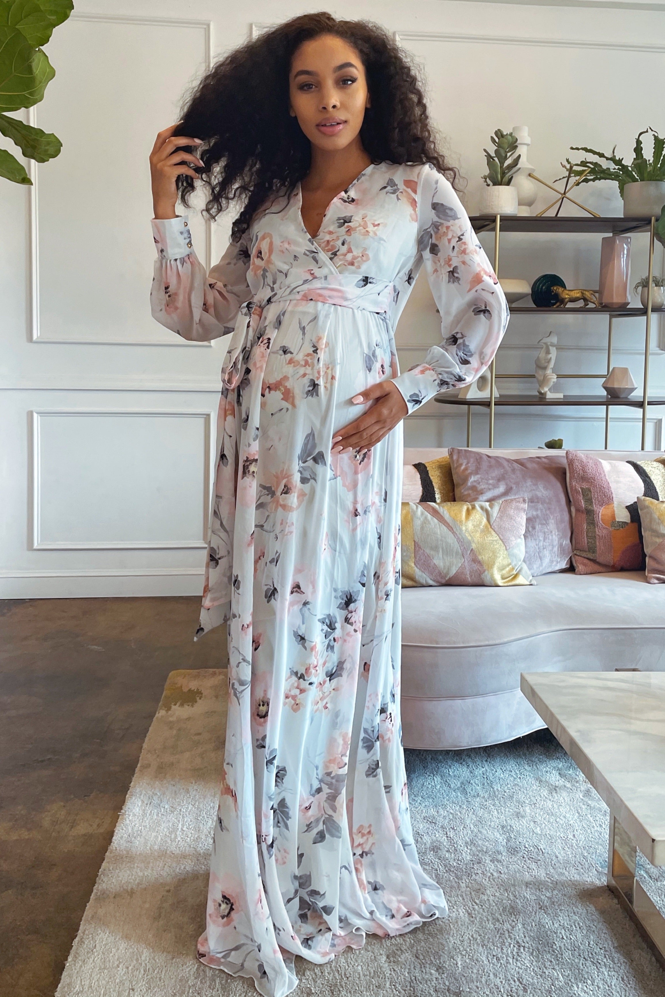 Grey & Pink Floral Maternity Wrap Gown, Pregnant Guest - Upto 3XL – Chic  Bump Club