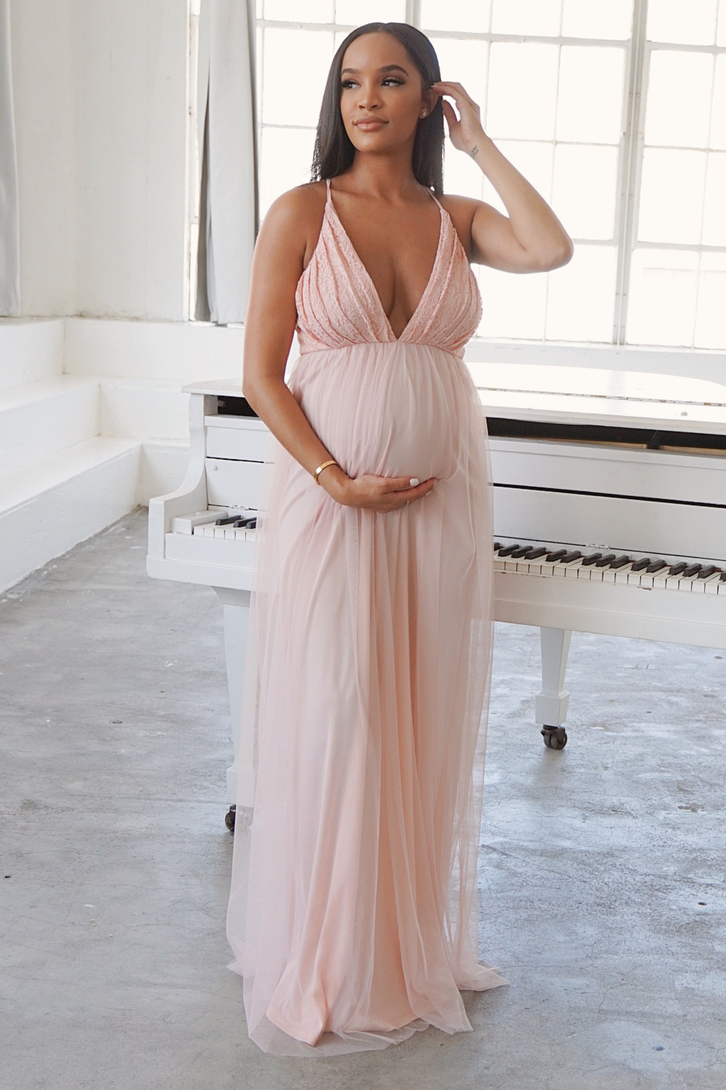 blush maternity maxi dress PinkBlush Pink Off Shoulder The square neckline adds a touch of charm Tiffany Rose Maternity Francesca Maternity