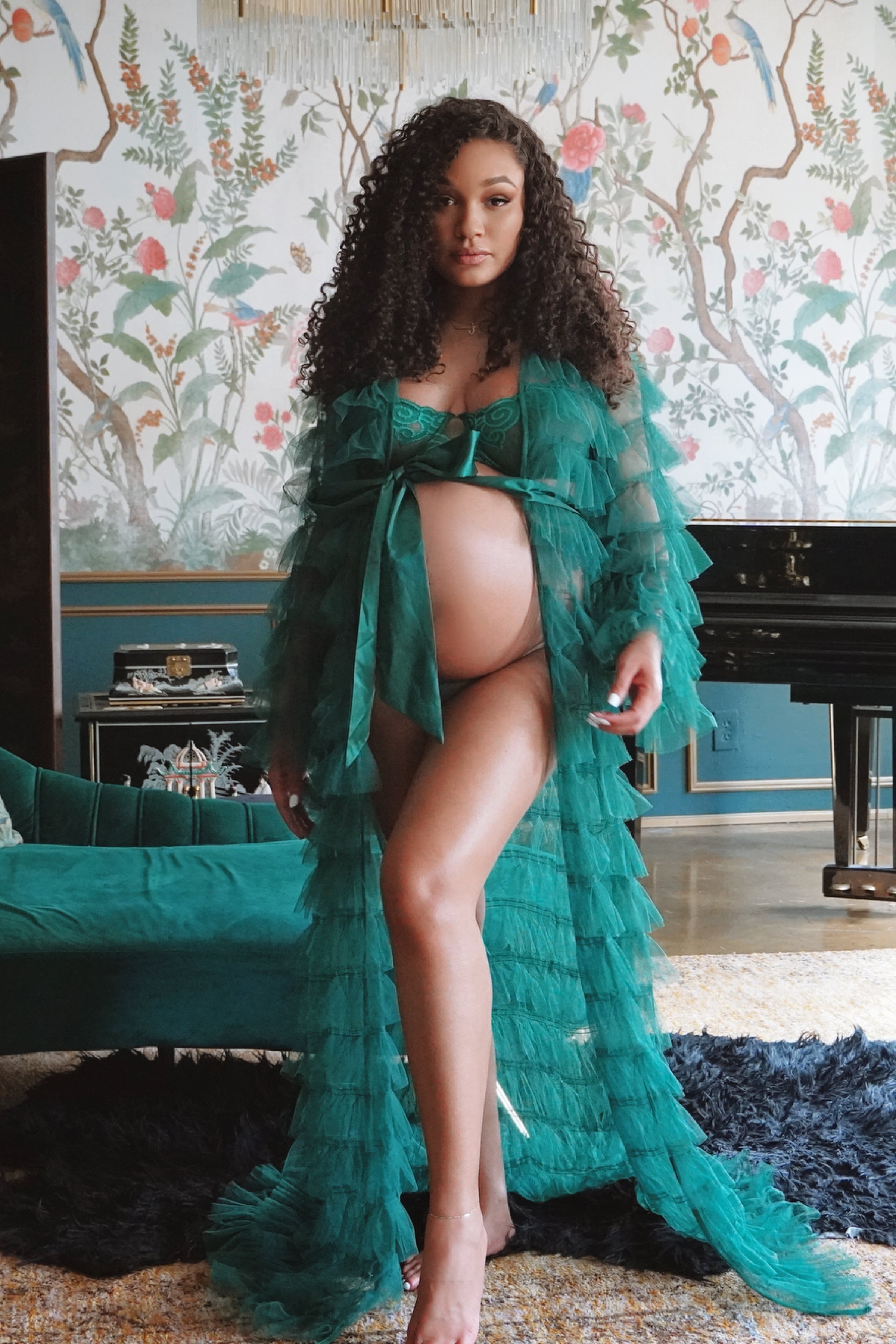 Jade Green Tulle Floor length Maternity Robe