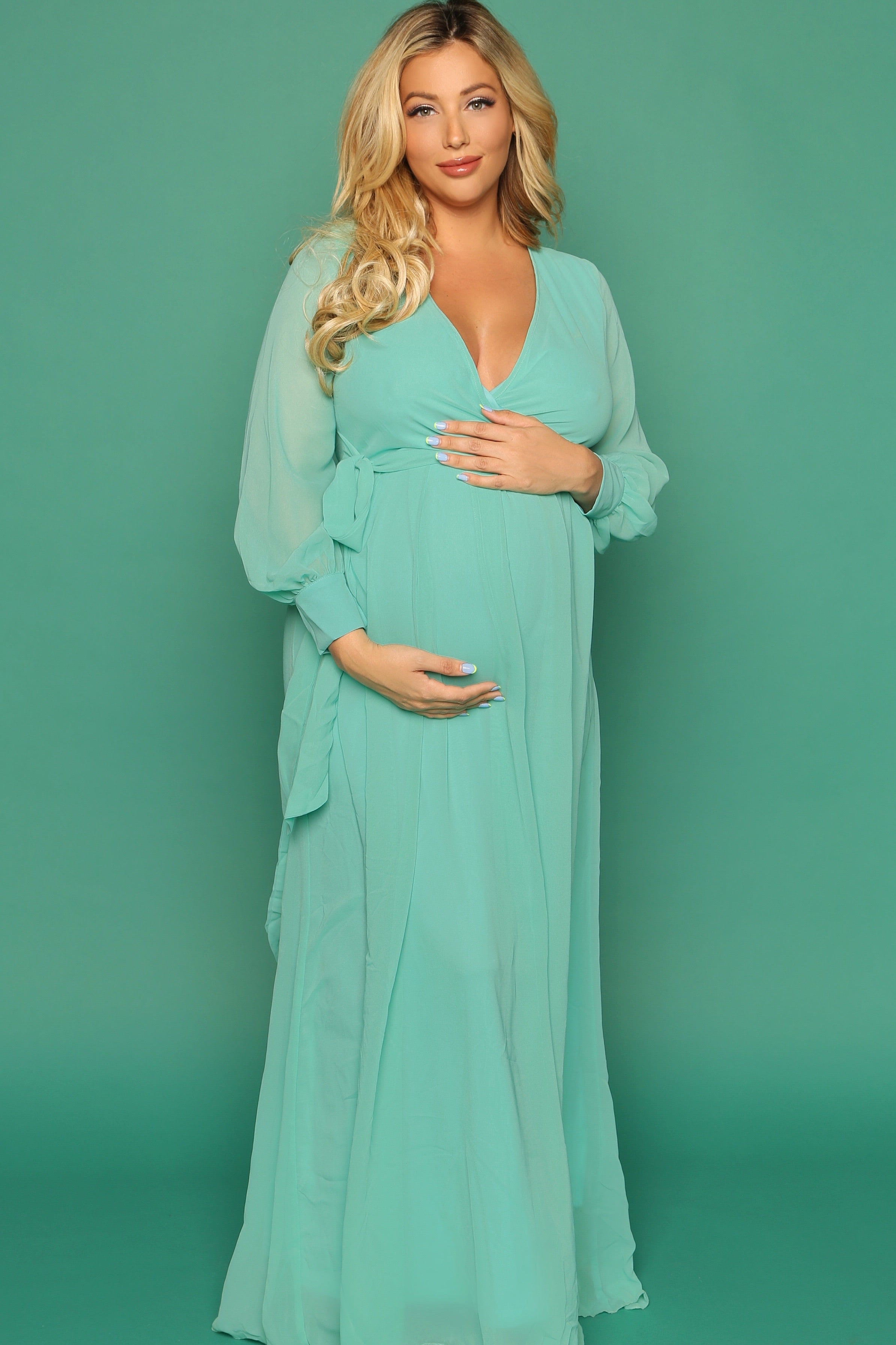 Mint Green Elegant Maternity Wrap Gown, Pregnant Guest, Gender Reveal Outfit Large / Aqua Mint Green Elegant Maternity Wrap Gown, Pregnant Guest, Gender Reveal Outfit Large / Aqua