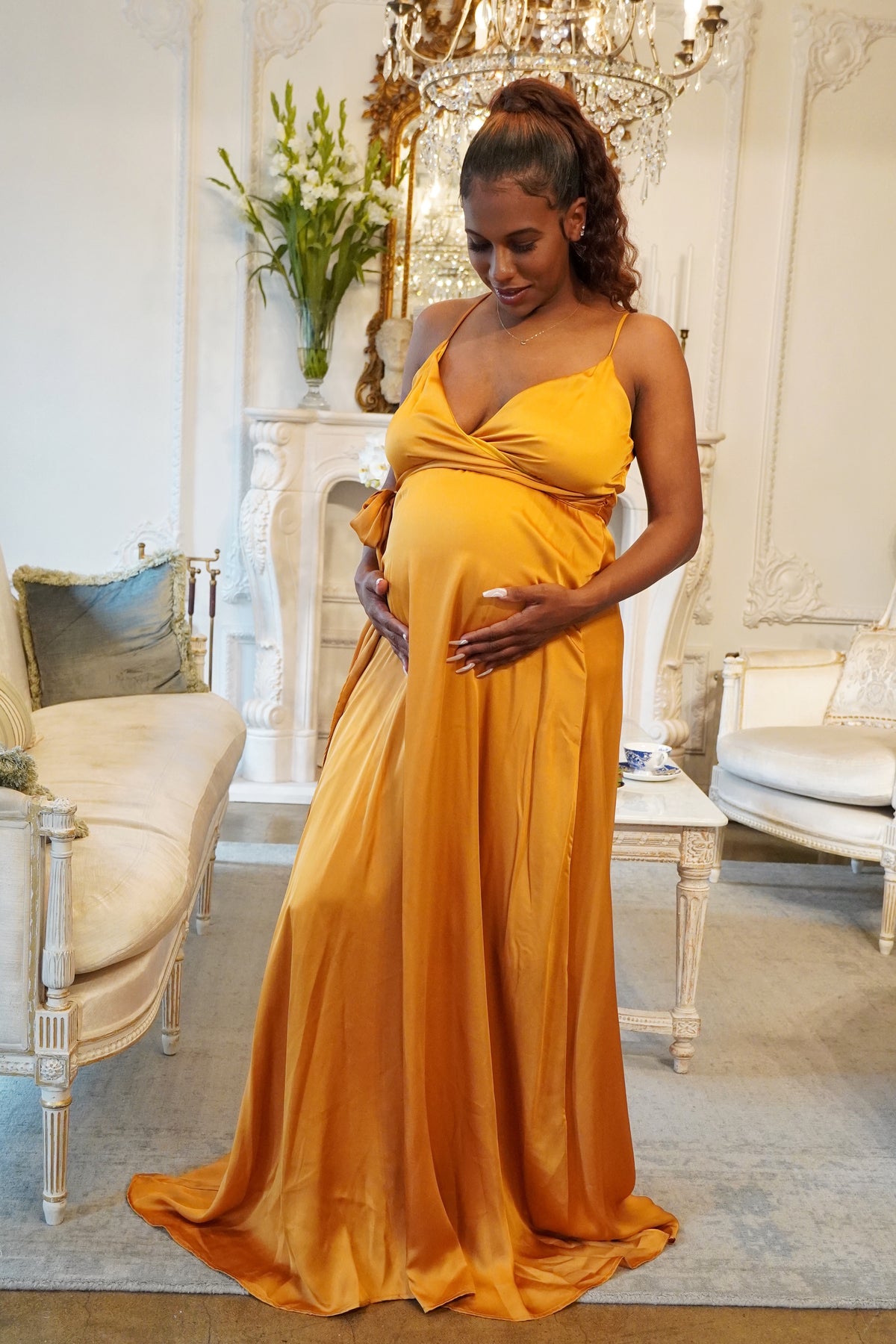 Satin Golden Yellow spaghetti strap style Maternity Wrap Gown 