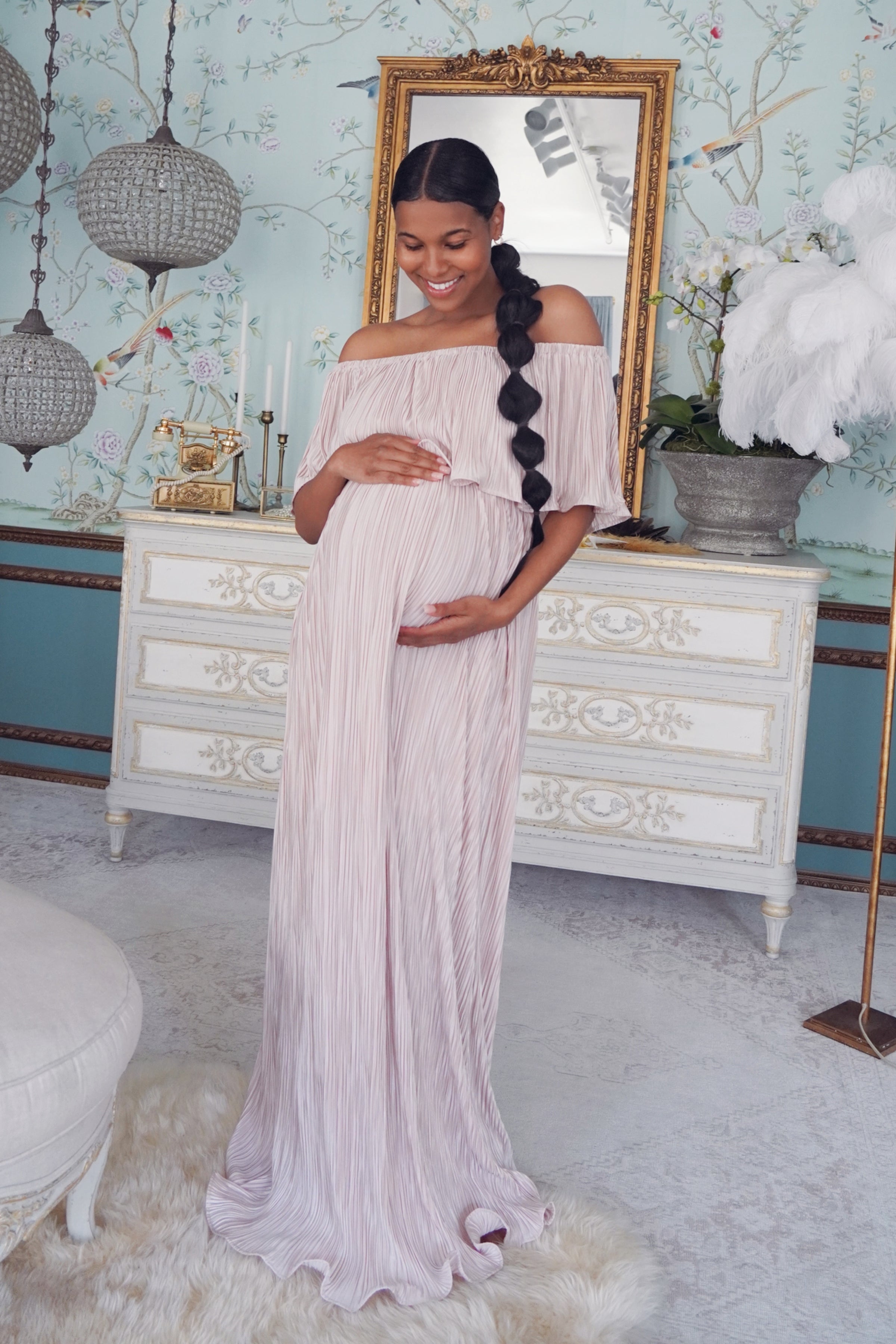 Gold pleated Metallic Maternity Maxi dress for a Pregnant Guest Large / MistyRose Gold pleated Metallic Maternity Maxi dress for a Pregnant Guest Large / MistyRose