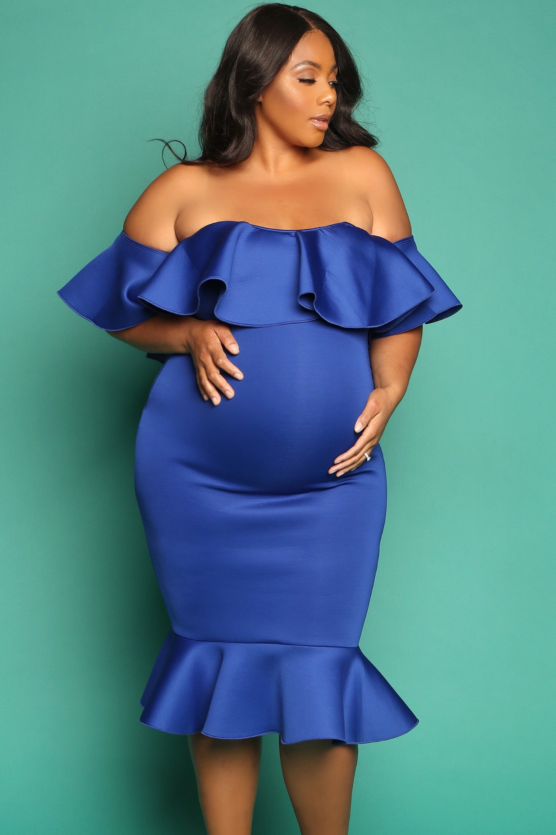 Luxury Royal Blue off the shoulder baby shower dress Chic Bump Club