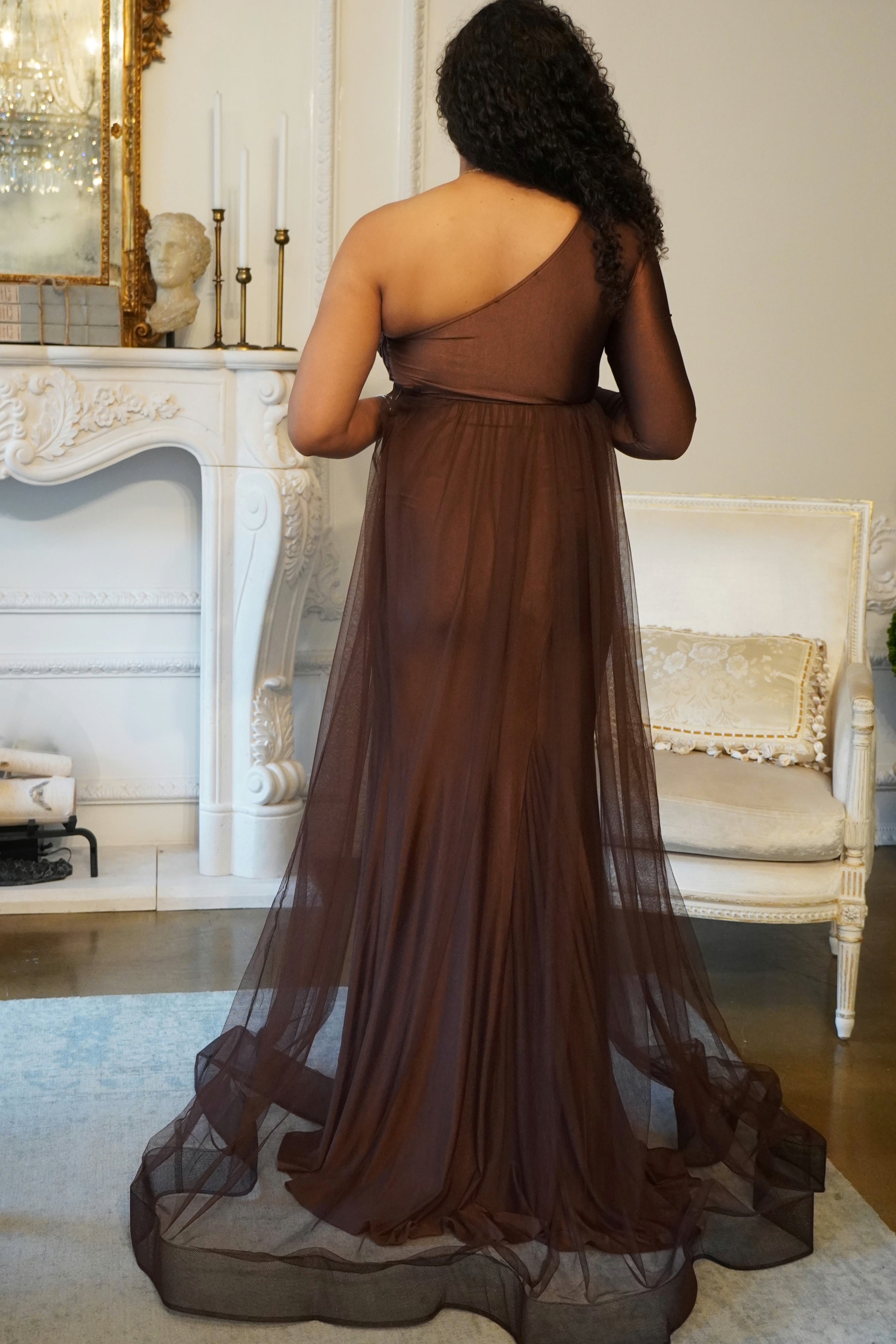 Gold Asymmetric Maternity Gown with tulle Train, Gender Reveal Dress Medium / Cocoa Gold Asymmetric Maternity Gown with tulle Train, Gender Reveal Dress Medium / Cocoa