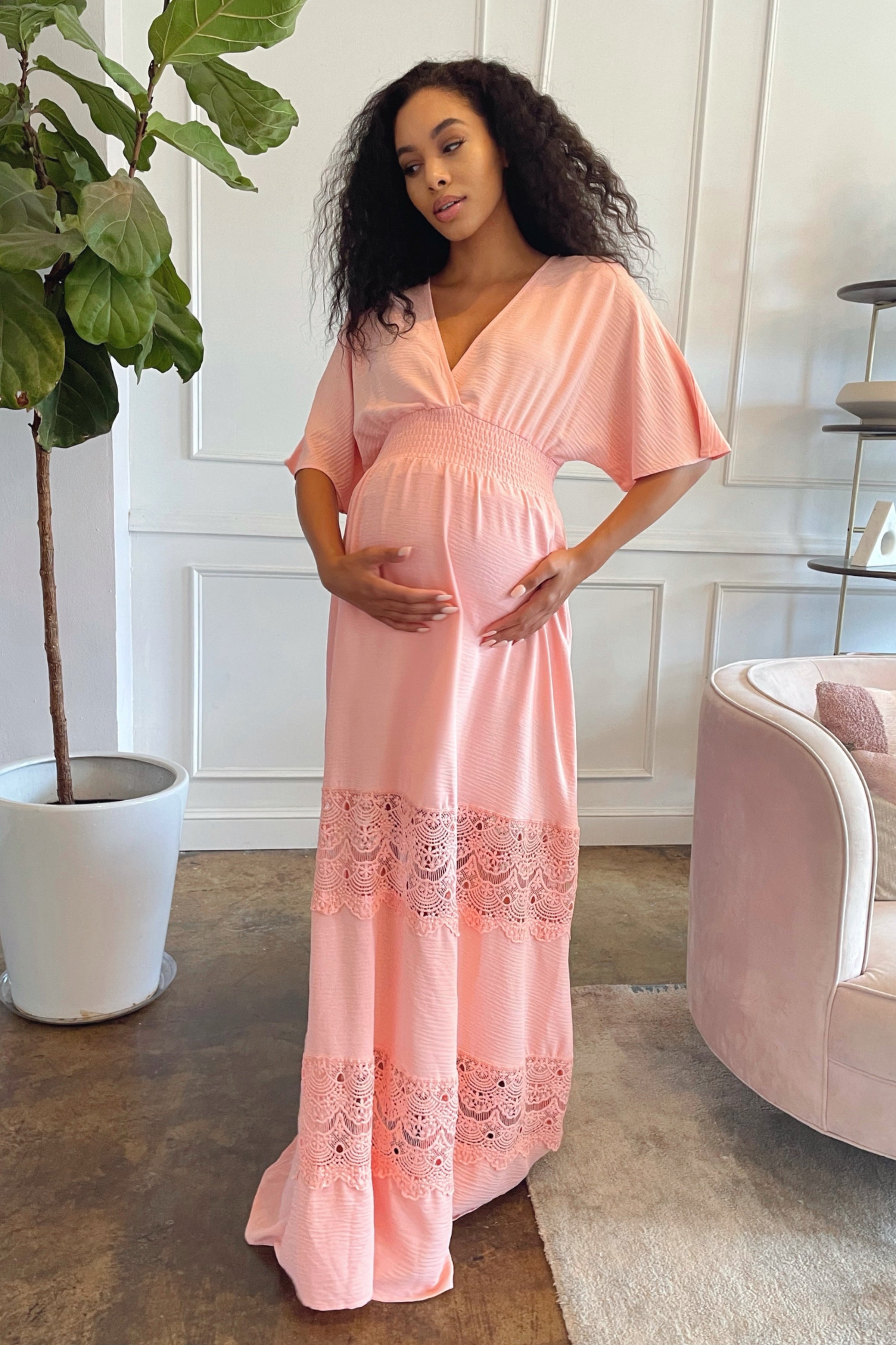 Pink Cotton & Lace Bohemian Maxi Dress, Maternity, Baby Girl Shower Chic Bump Club Pink Cotton & Lace Bohemian Maxi Dress, Maternity, Baby Girl Shower Chic Bump Club