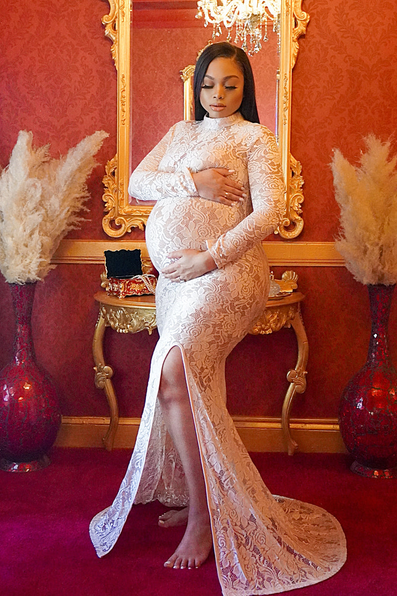 Nude Sheer Maternity Lace Gown, Baby shower gown – Chic Bump Club