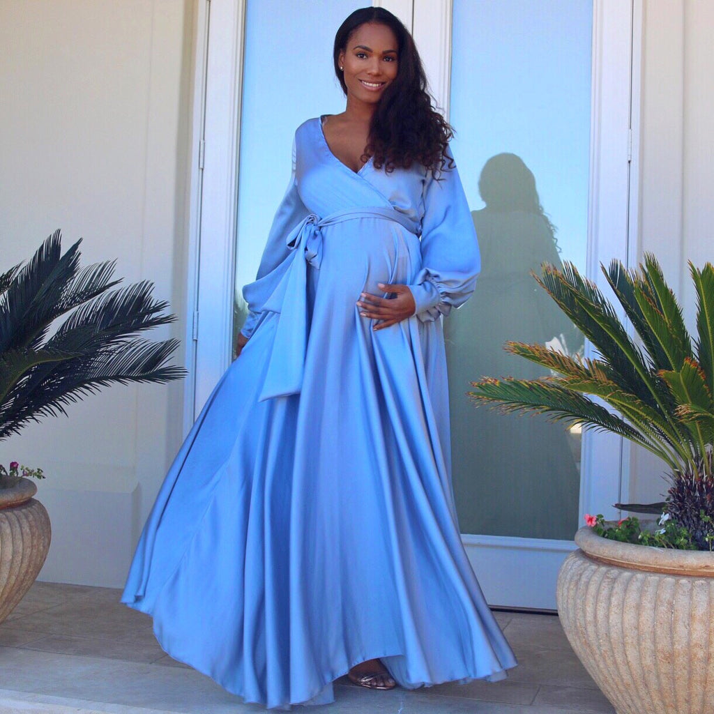 Luxury Blue Maternity Wrap Gown, Baby shower dress Chic Bump Club