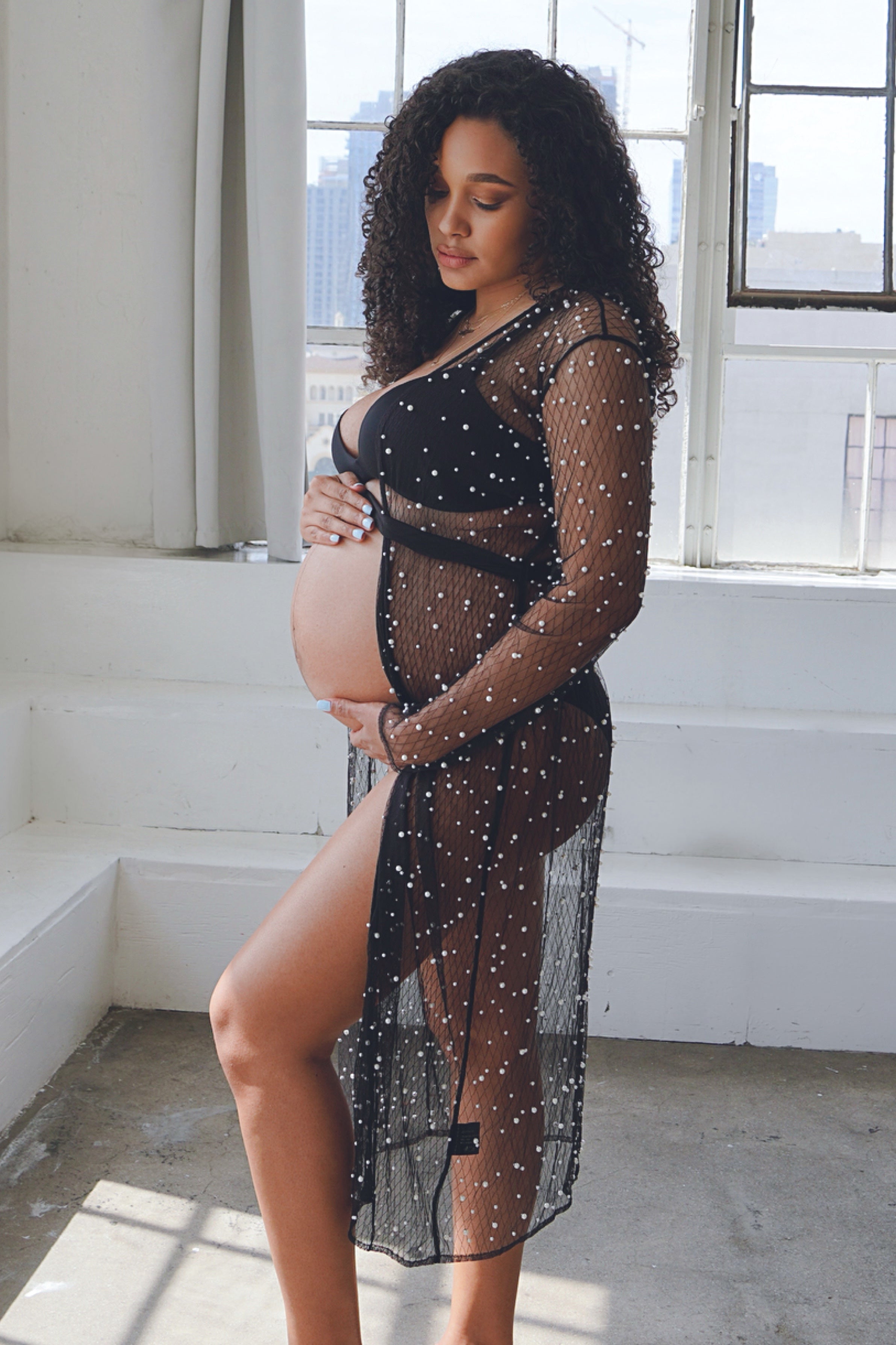 mesh pearl maternity dress Momyknows Mesh Solid Color Beading Pearl Rhinestone Long Sleeve Cover-ups Side Slit Photoshoot Maternity Maxi Dress, Black / 2XL
