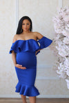 Royal Blue off the shoulder maternity dress for a pregnant guest oufit