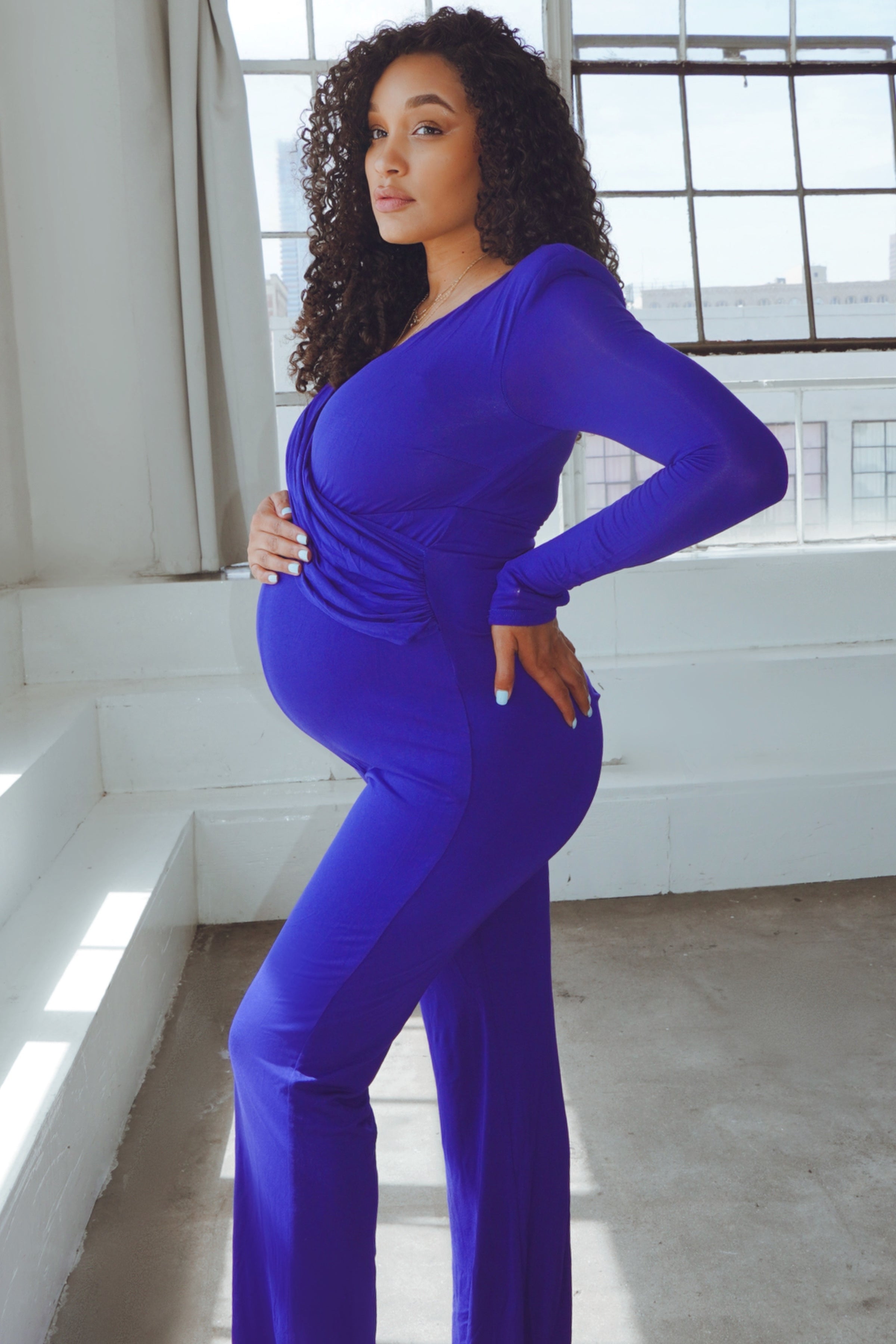 Blue Maternity Drapped front Jumpsuit, Pregnant Guest, or Baby Shower  outfit – Chic Bump Club